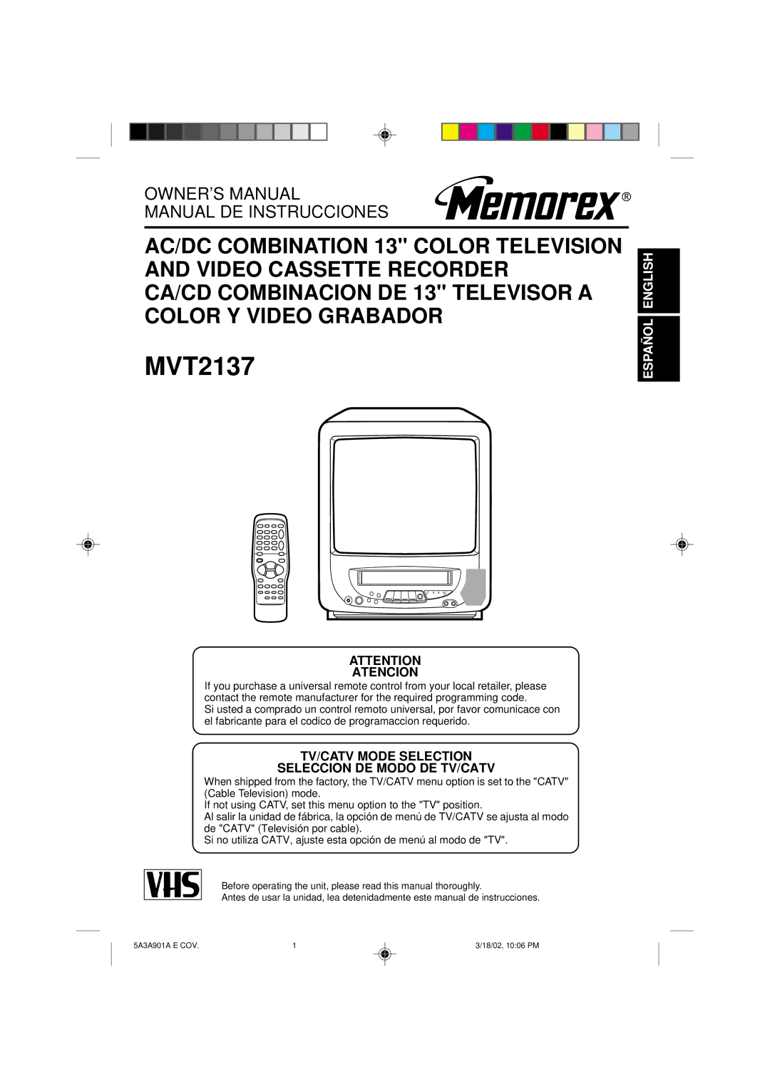 Memorex MVT2137 owner manual Atencion, TV/CATV Mode Selection Seleccion DE Modo DE TV/CATV 