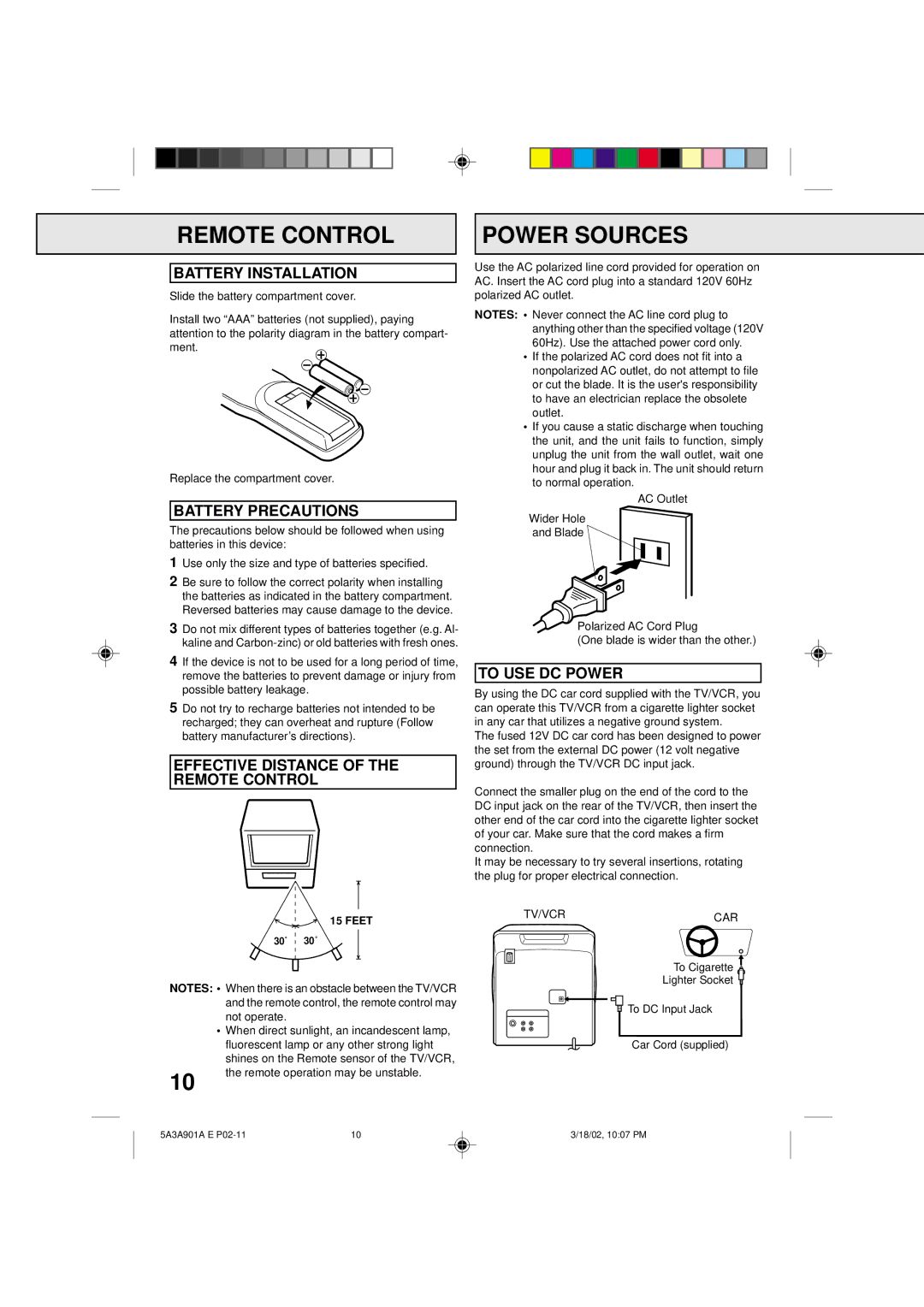 Memorex MVT2137 owner manual Remote Control Power Sources, Battery Installation, Battery Precautions, To USE DC Power 