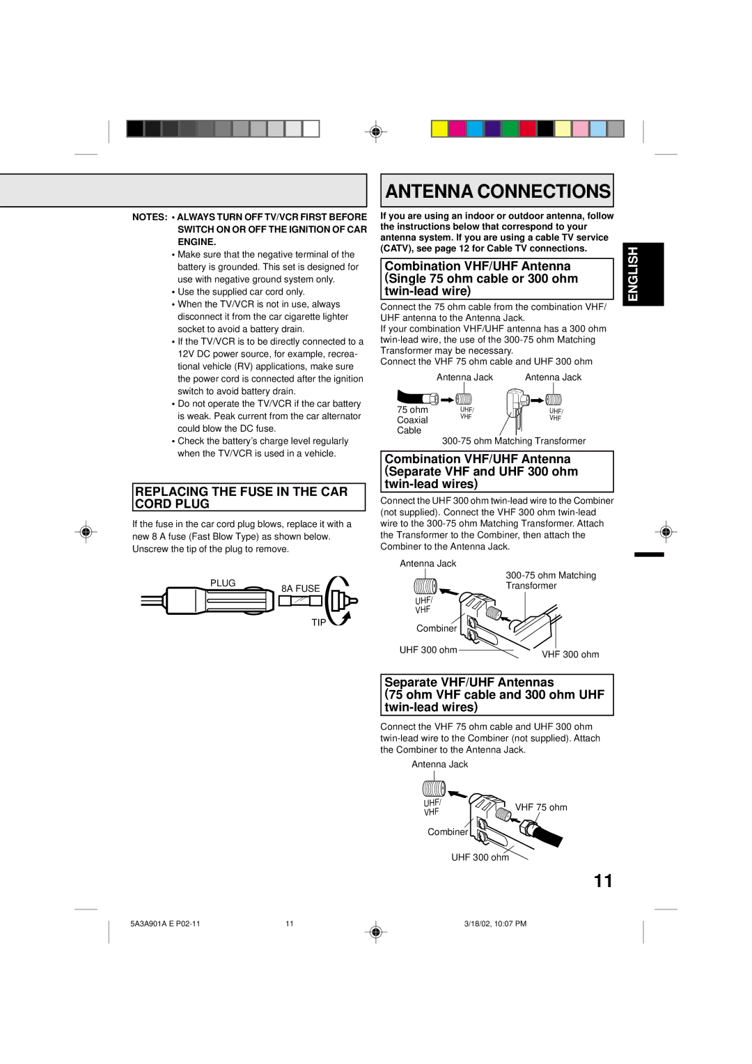 Memorex MVT2137 owner manual Antenna Connections, Replacing the Fuse in the CAR Cord Plug 