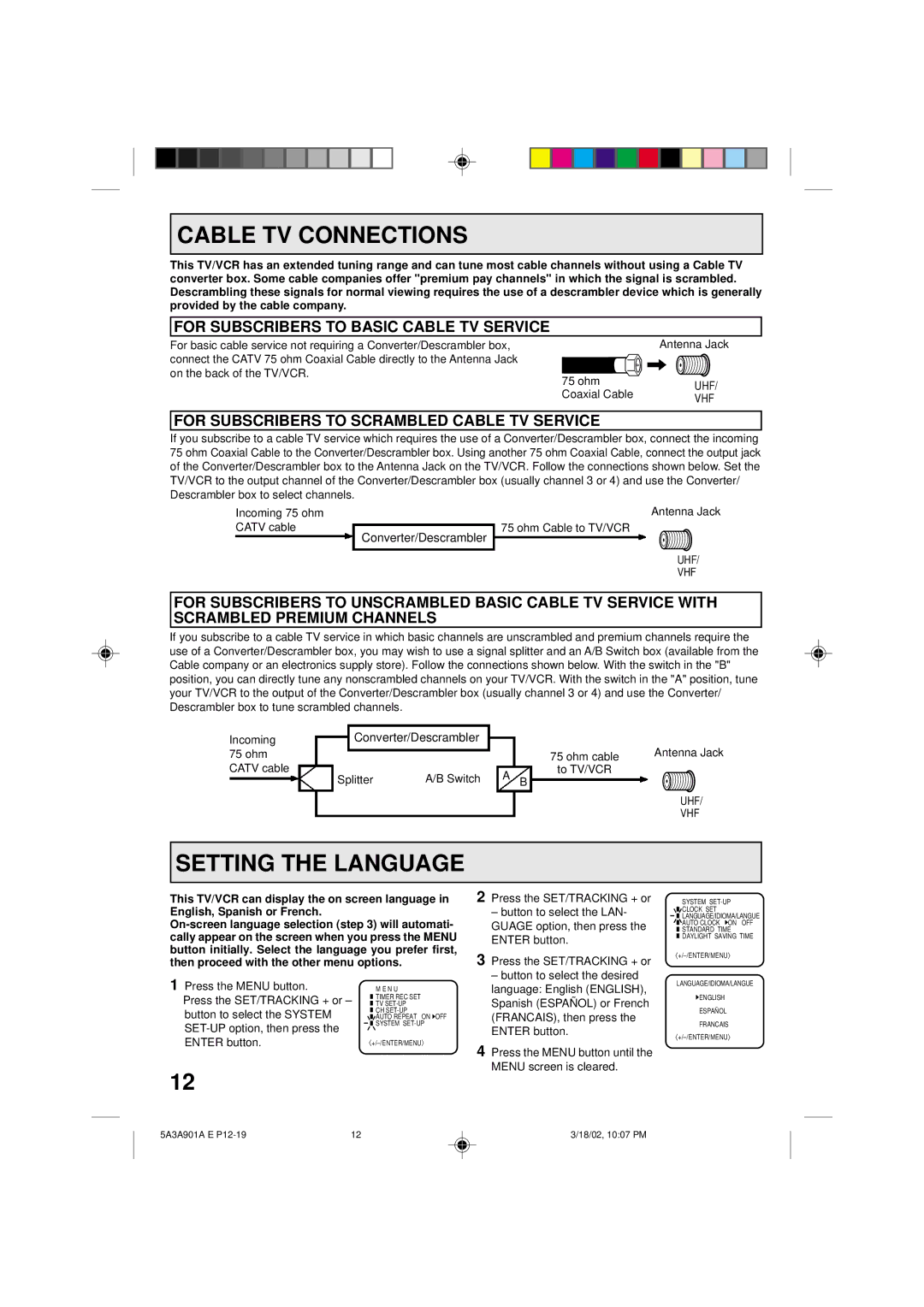 Memorex MVT2137 owner manual Cable TV Connections, Setting the Language, For Subscribers to Basic Cable TV Service 