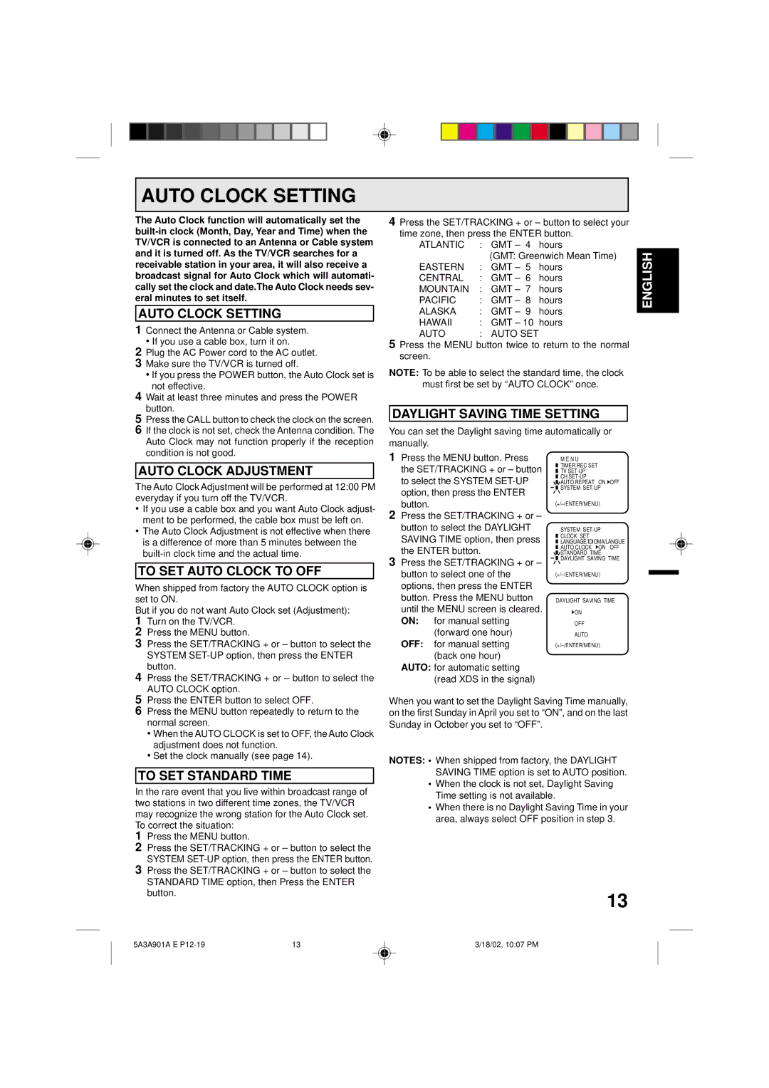 Memorex MVT2137 owner manual Auto Clock Setting 