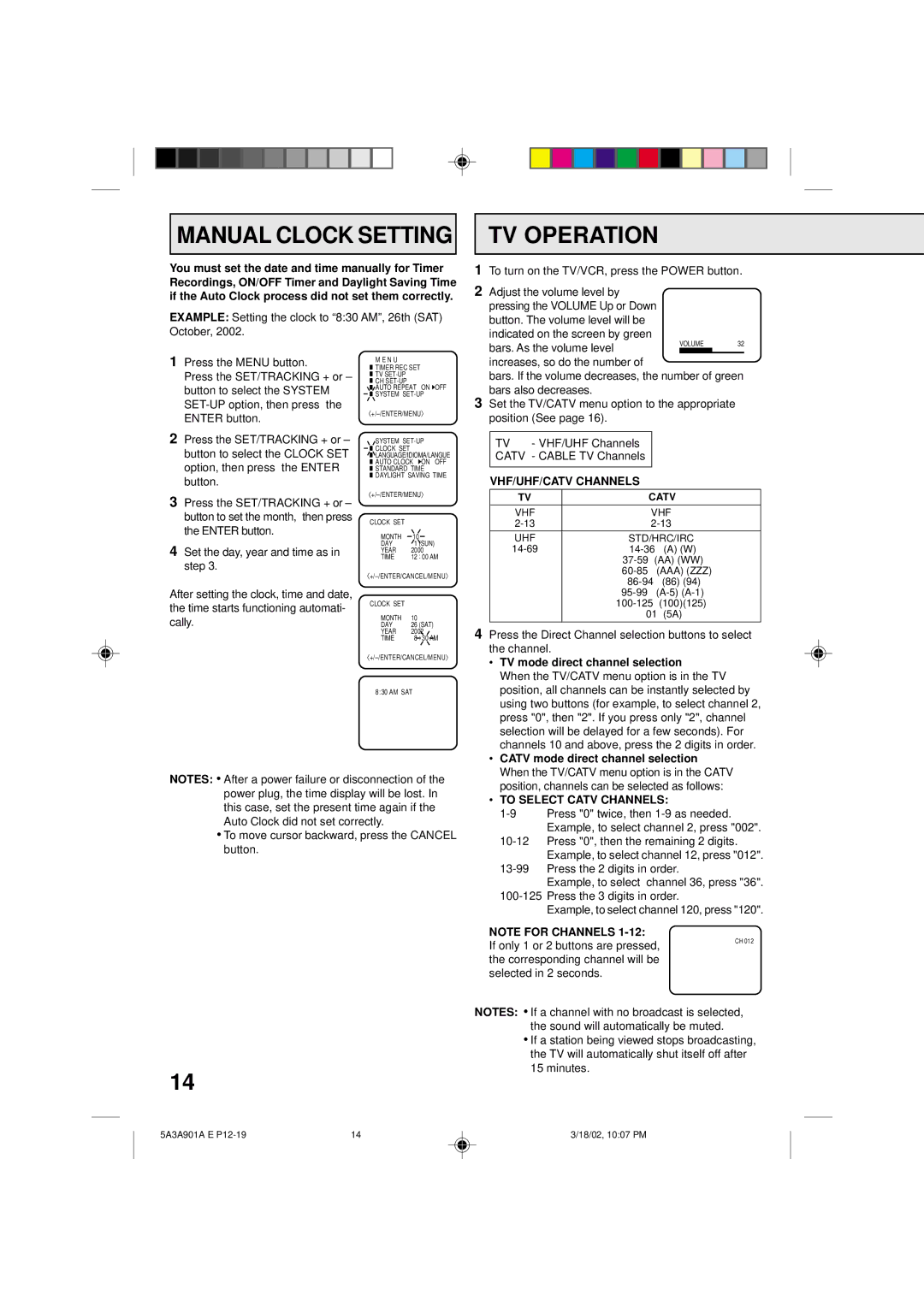 Memorex MVT2137 Manual Clock Setting, VHF/UHF/CATV Channels, TV mode direct channel selection, To Select Catv Channels 