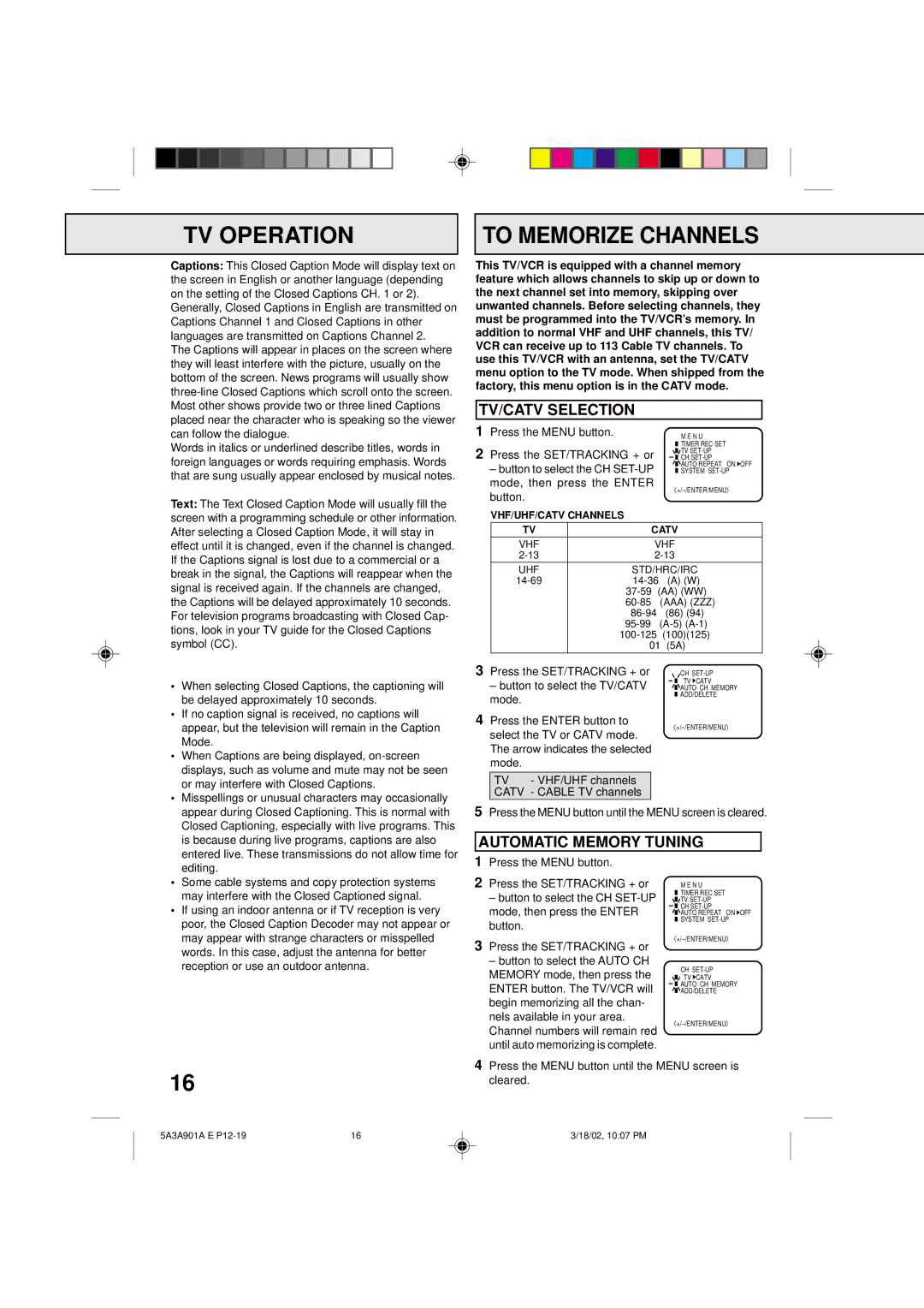 Memorex MVT2137 owner manual TV Operation To Memorize Channels, TV/CATV Selection, Automatic Memory Tuning 