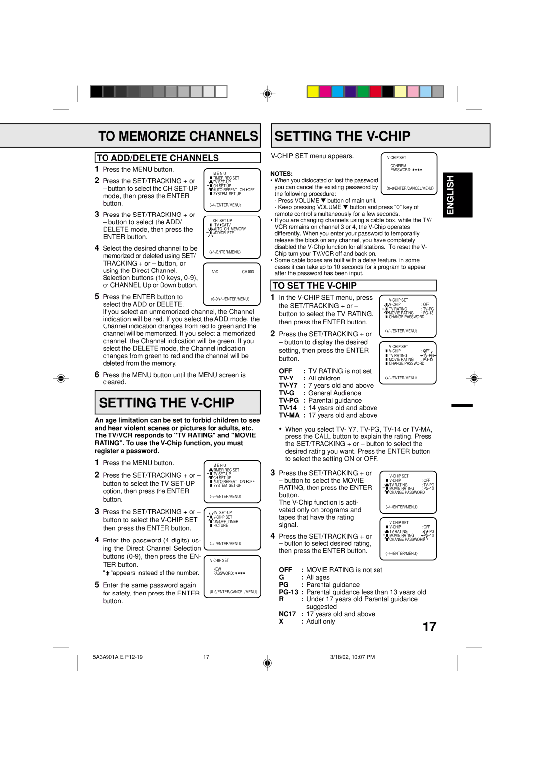 Memorex MVT2137 owner manual To Memorize Channels Setting the V-CHIP, To ADD/DELETE Channels, To SET the V-CHIP 