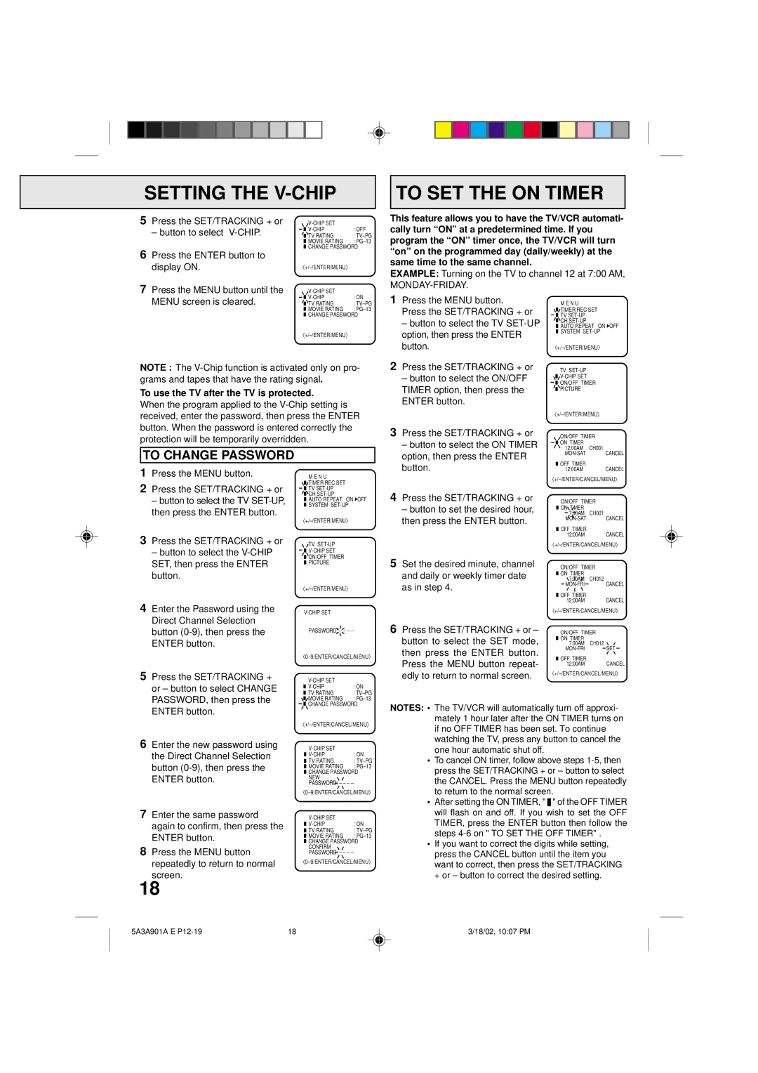 Memorex MVT2137 owner manual To SET the on Timer, To Change Password, Display on, Menu screen is cleared 