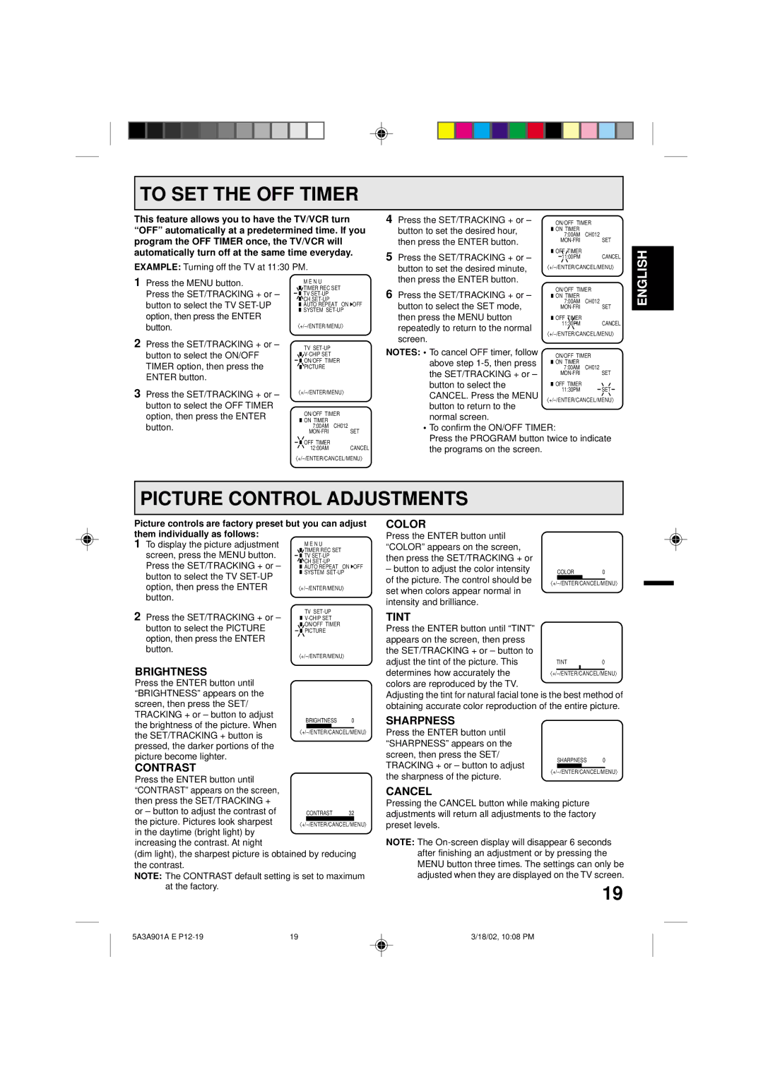 Memorex MVT2137 owner manual To SET the OFF Timer, Picture Control Adjustments 