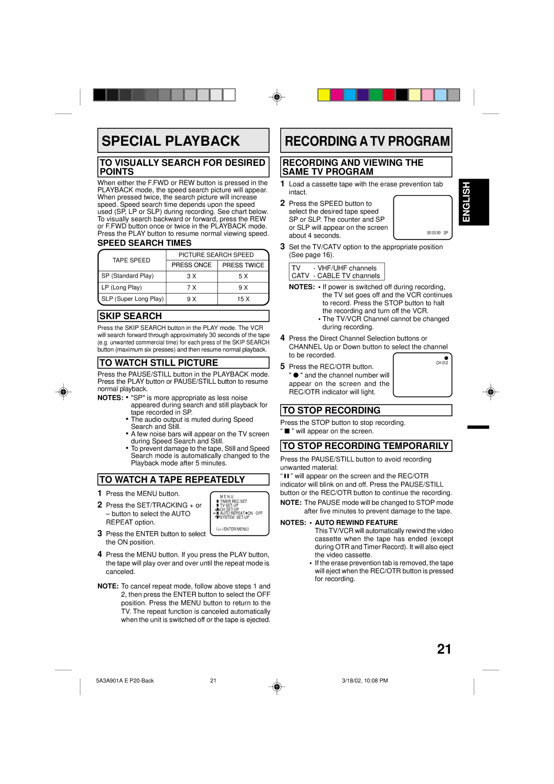 Memorex MVT2137 owner manual Special Playback 