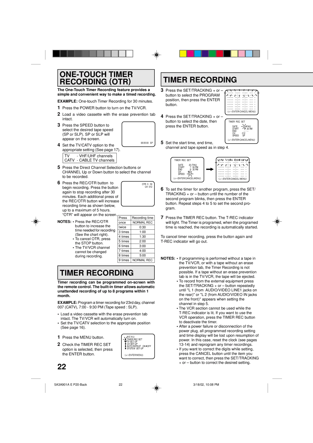 Memorex MVT2137 owner manual ONE-TOUCH Timer Recording OTR 