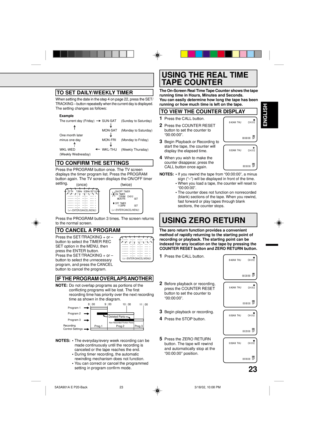 Memorex MVT2137 owner manual Using the Real Time Tape Counter, Using Zero Return 