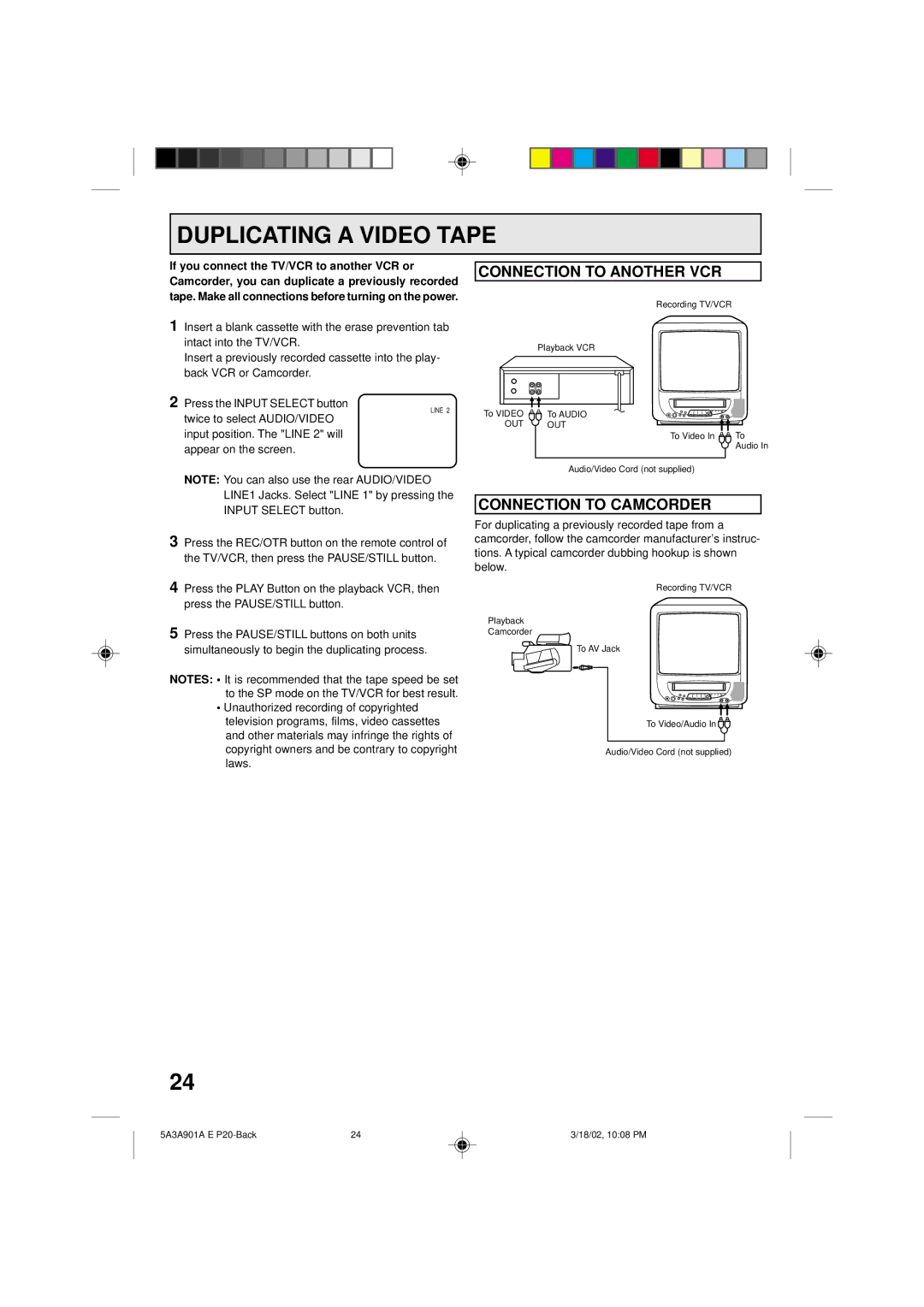 Memorex MVT2137 owner manual Duplicating a Video Tape, Connection to Another VCR, Connection to Camcorder 