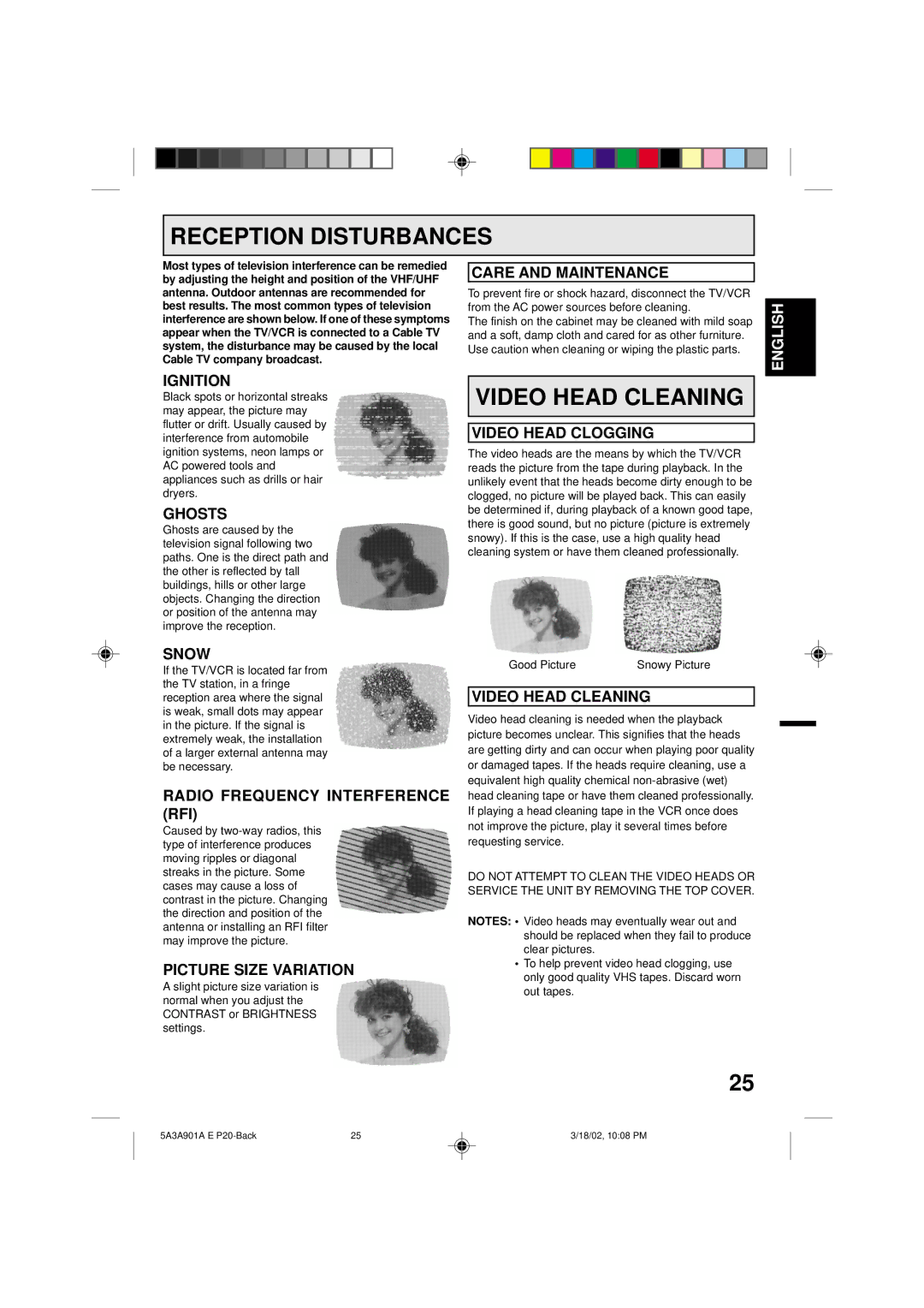 Memorex MVT2137 owner manual Reception Disturbances, Video Head Cleaning 