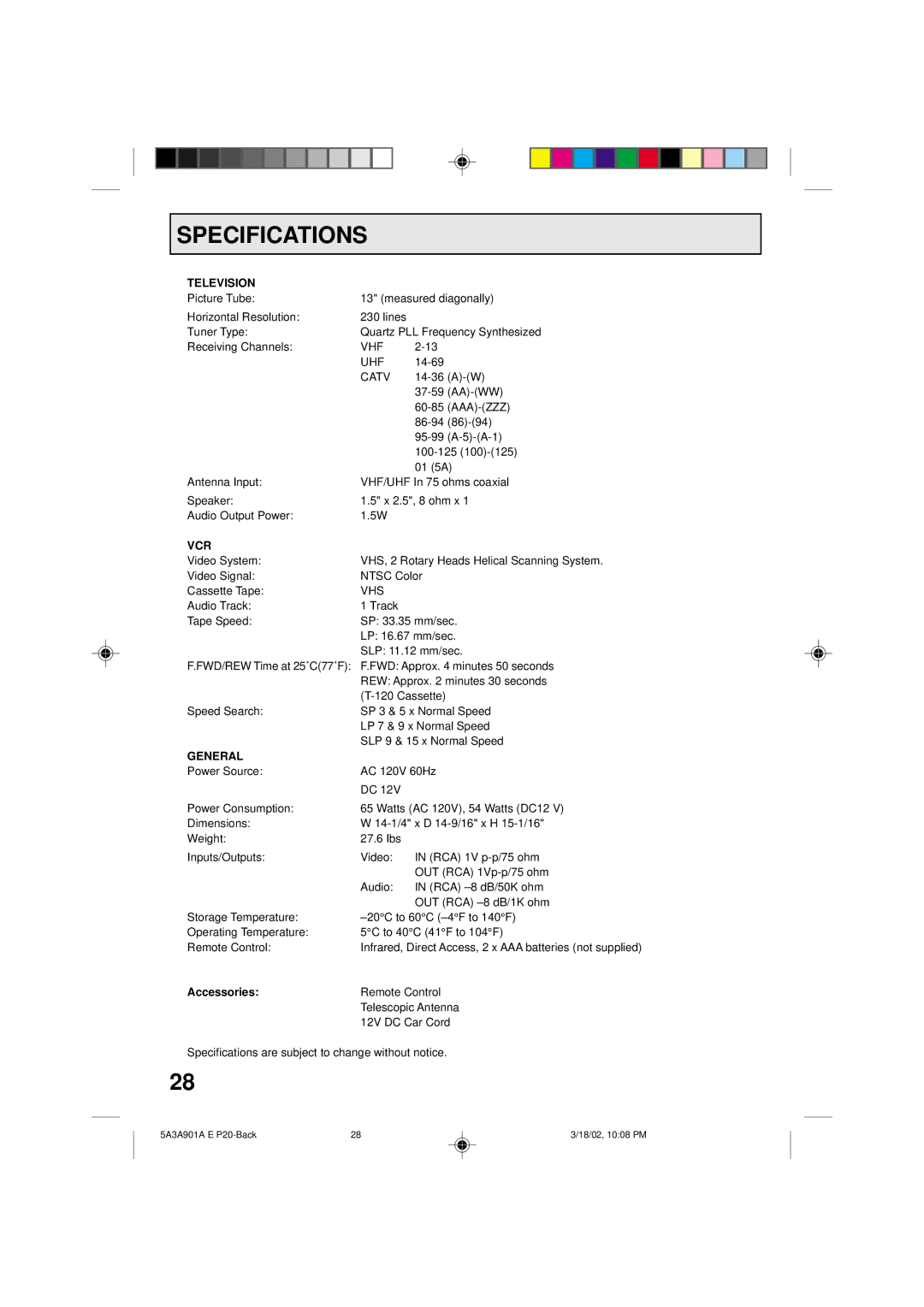 Memorex MVT2137 owner manual Specifications, Television, Vcr, General, Accessories 