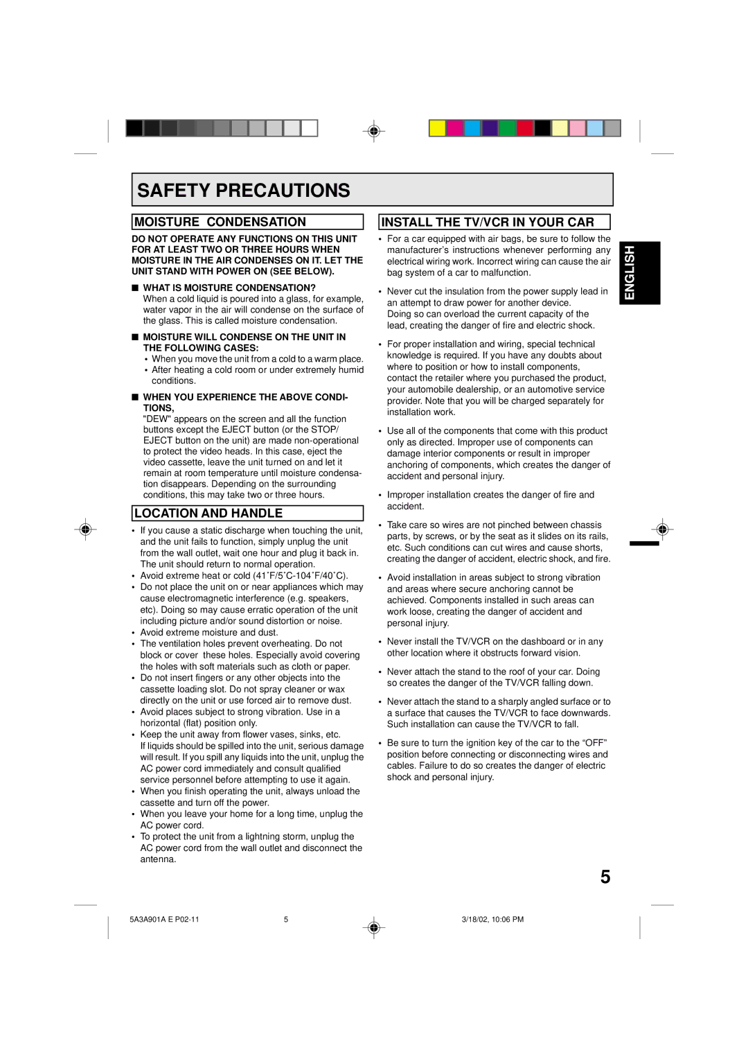 Memorex MVT2137 owner manual Safety Precautions, Moisture Condensation Install the TV/VCR in Your CAR, Location and Handle 