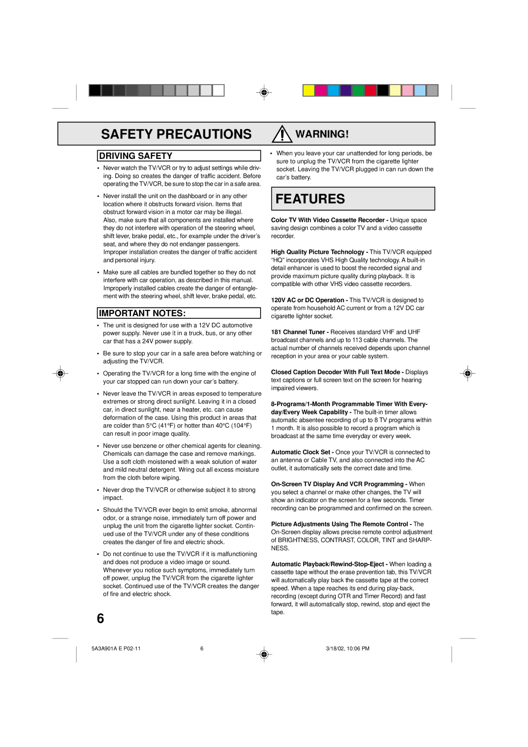 Memorex MVT2137 owner manual Features, Driving Safety, Important Notes 