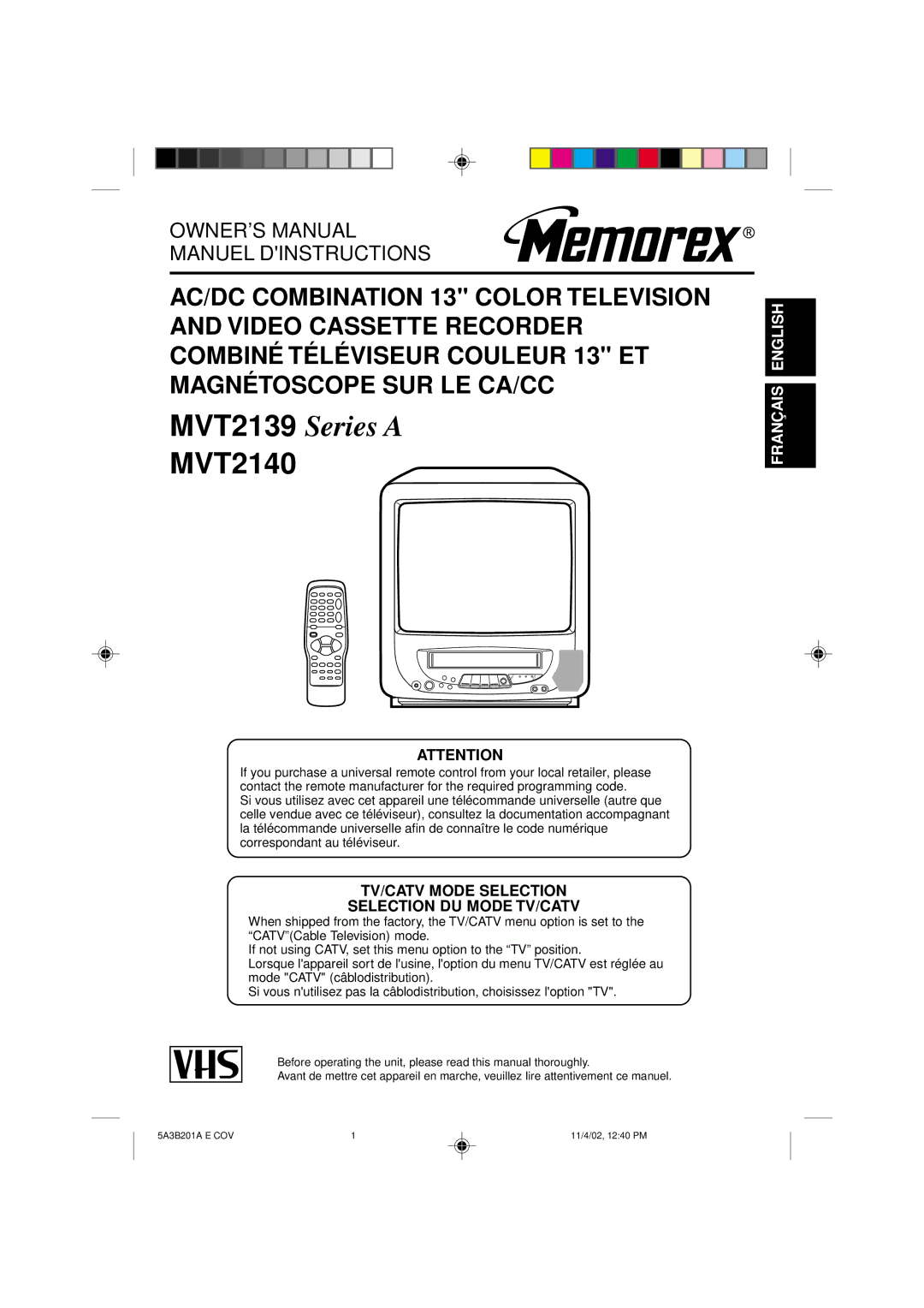 Memorex owner manual MVT2139 Series a MVT2140, TV/CATV Mode Selection Selection DU Mode TV/CATV 