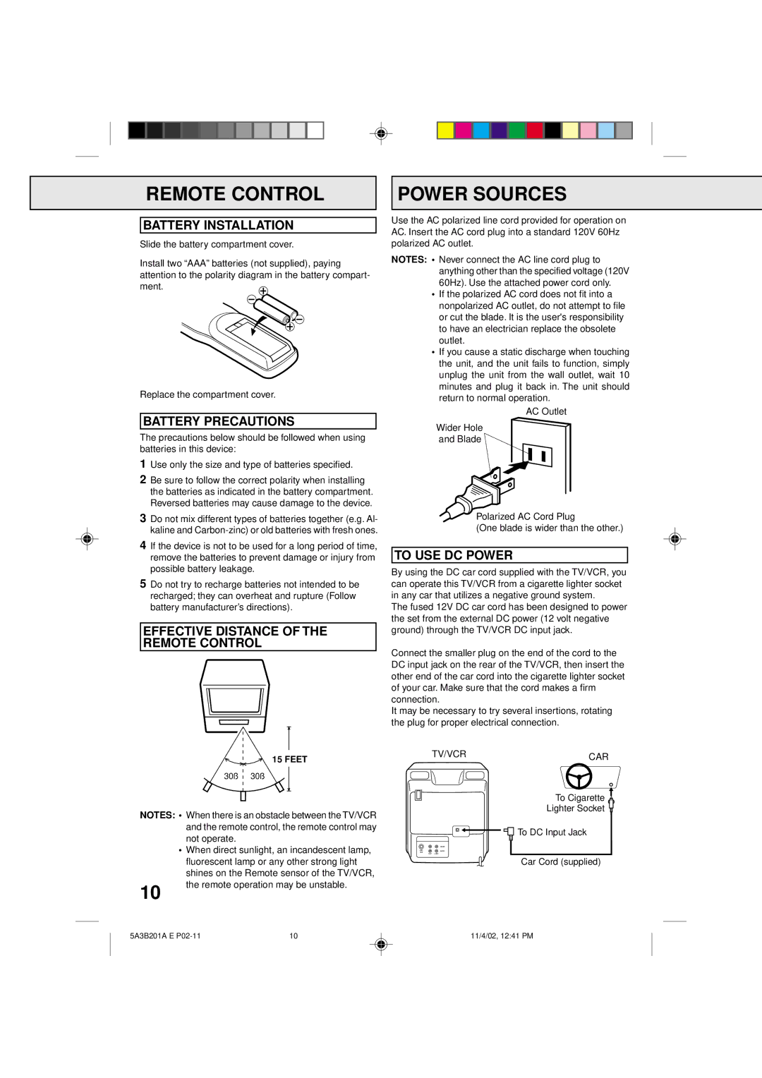 Memorex MVT2140, MVT2139 Remote Control Power Sources, Battery Installation, Battery Precautions, To USE DC Power 