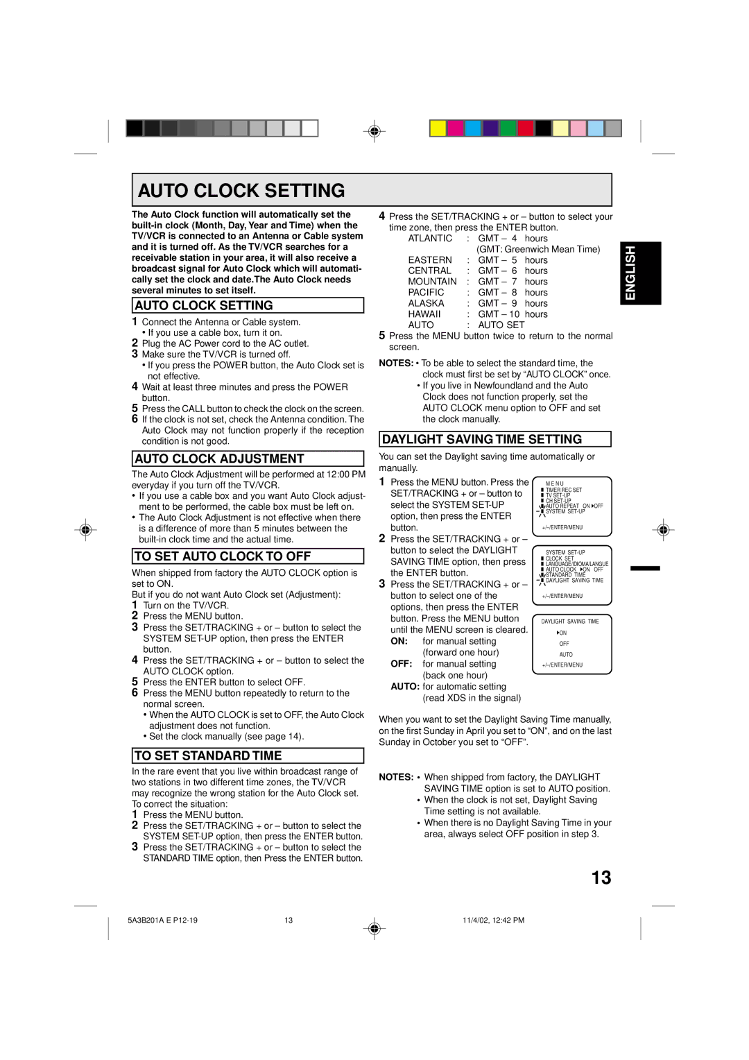 Memorex MVT2139, MVT2140 owner manual Auto Clock Setting 