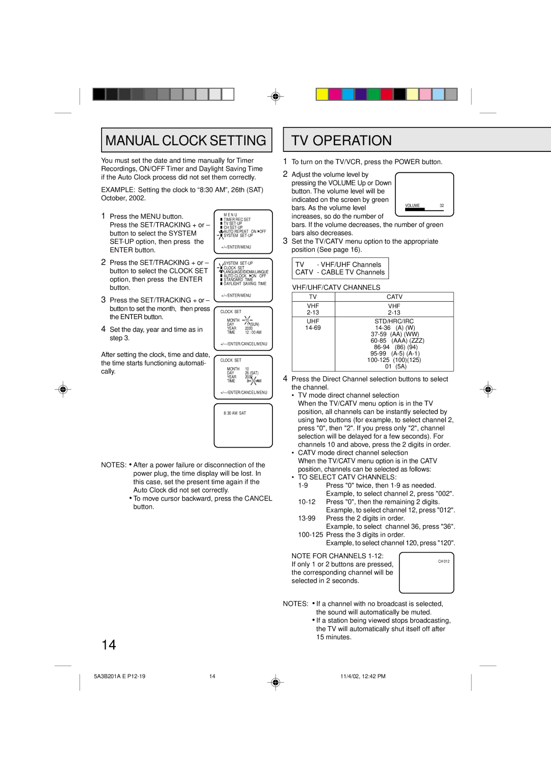 Memorex MVT2140, MVT2139 owner manual Manual Clock Setting, VHF/UHF/CATV Channels, To Select Catv Channels 