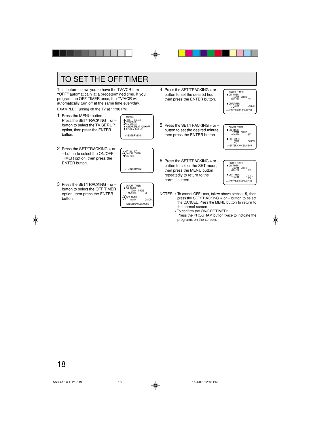 Memorex MVT2140, MVT2139 owner manual To SET the OFF Timer 