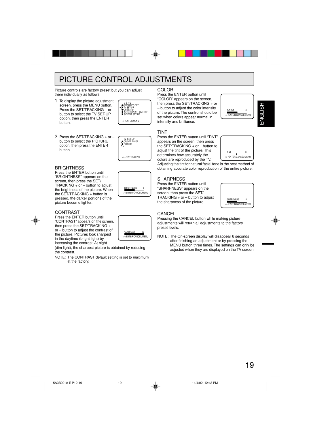 Memorex MVT2139, MVT2140 Picture Control Adjustments, To display the picture adjustment, Determines how accurately 