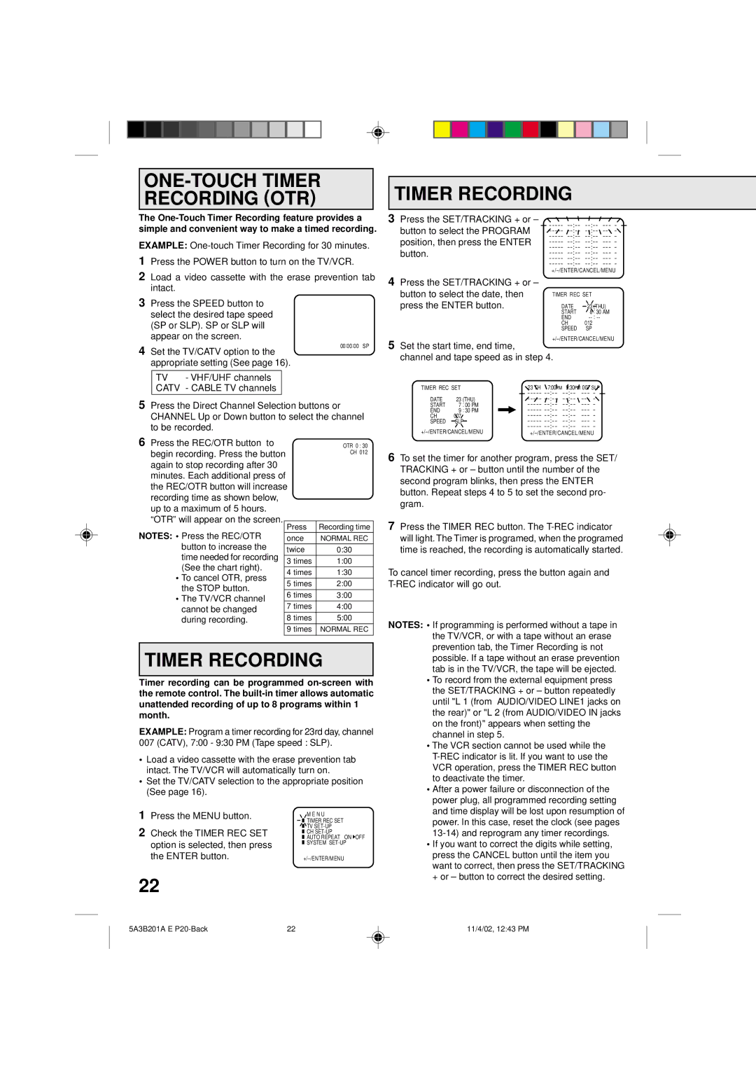 Memorex MVT2140, MVT2139 owner manual ONE-TOUCH Timer Recording OTR 