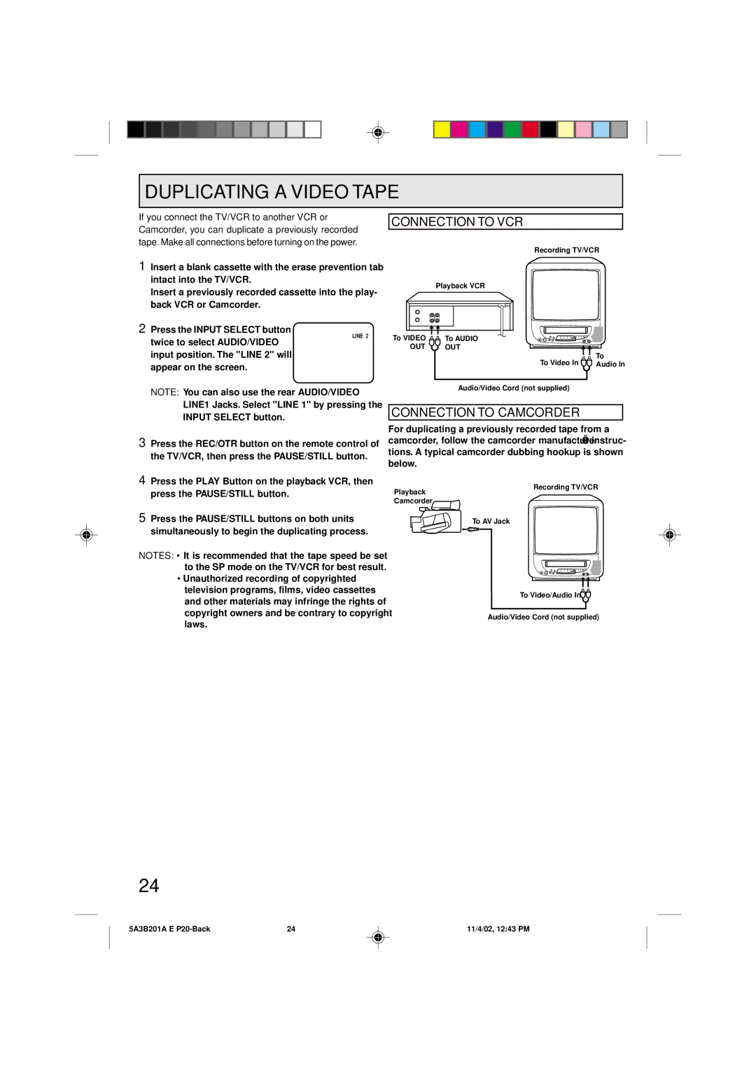 Memorex MVT2140, MVT2139 owner manual Duplicating a Video Tape, Connection to VCR, Connection to Camcorder 