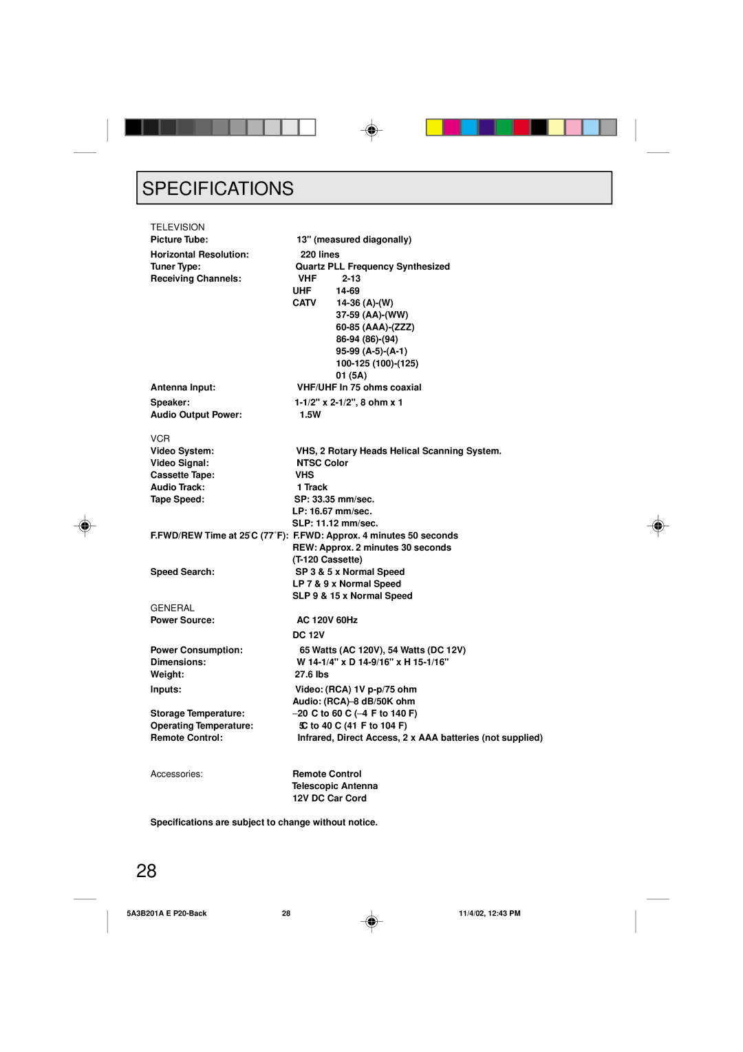 Memorex MVT2140, MVT2139 owner manual Specifications, Television, Vcr, General 