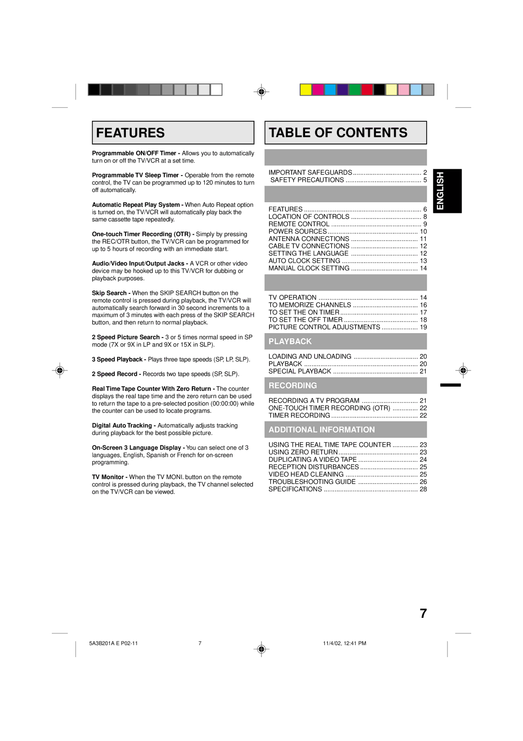 Memorex MVT2139, MVT2140 owner manual Features Table of Contents 