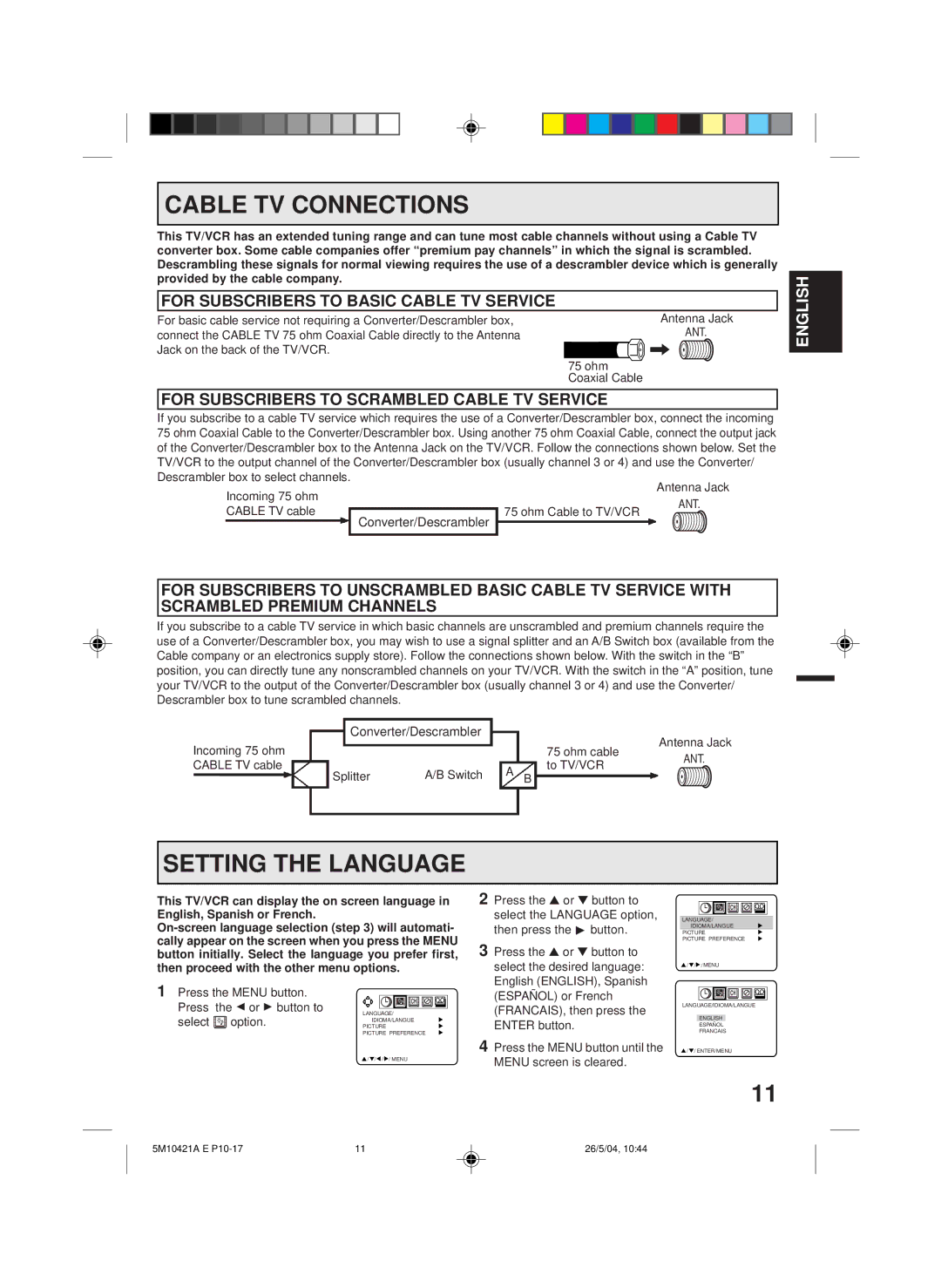 Memorex MVT2194 owner manual Cable TV Connections, Setting the Language, For Subscribers to Basic Cable TV Service 