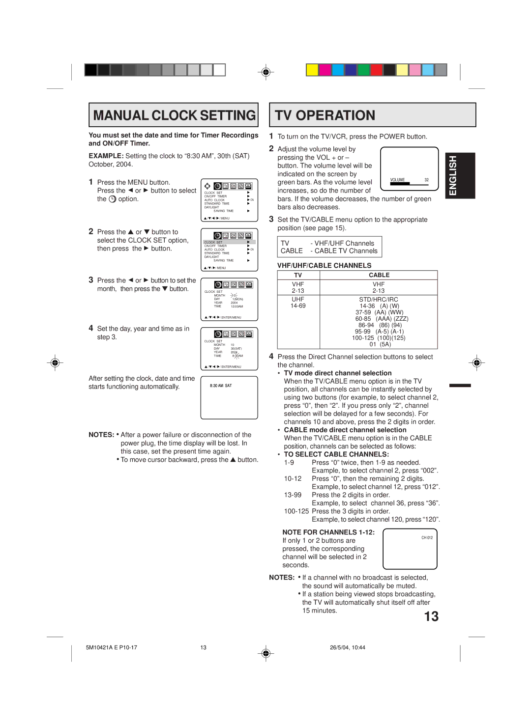 Memorex MVT2194 owner manual Manual Clock Setting, TV Operation, VHF/UHF/CABLE Channels, To Select Cable Channels 