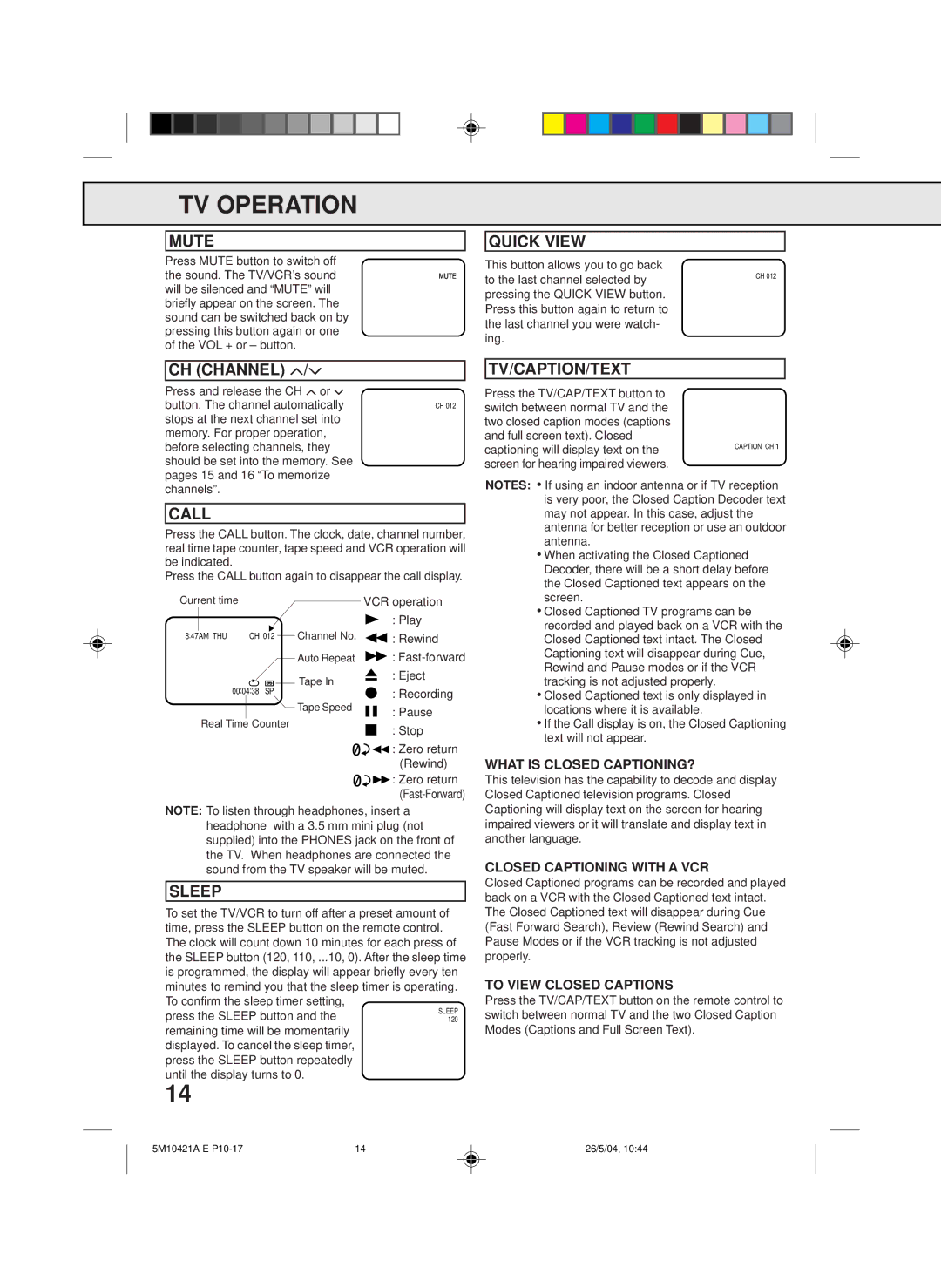 Memorex MVT2194 owner manual Mute Quick View, CH Channel M/?, Call, Sleep, Tv/Caption/Text 