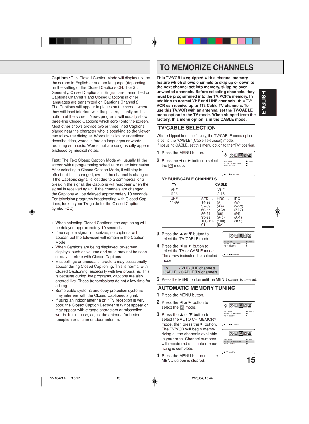 Memorex MVT2194 owner manual To Memorize Channels, TV/CABLE Selection, Automatic Memory Tuning 