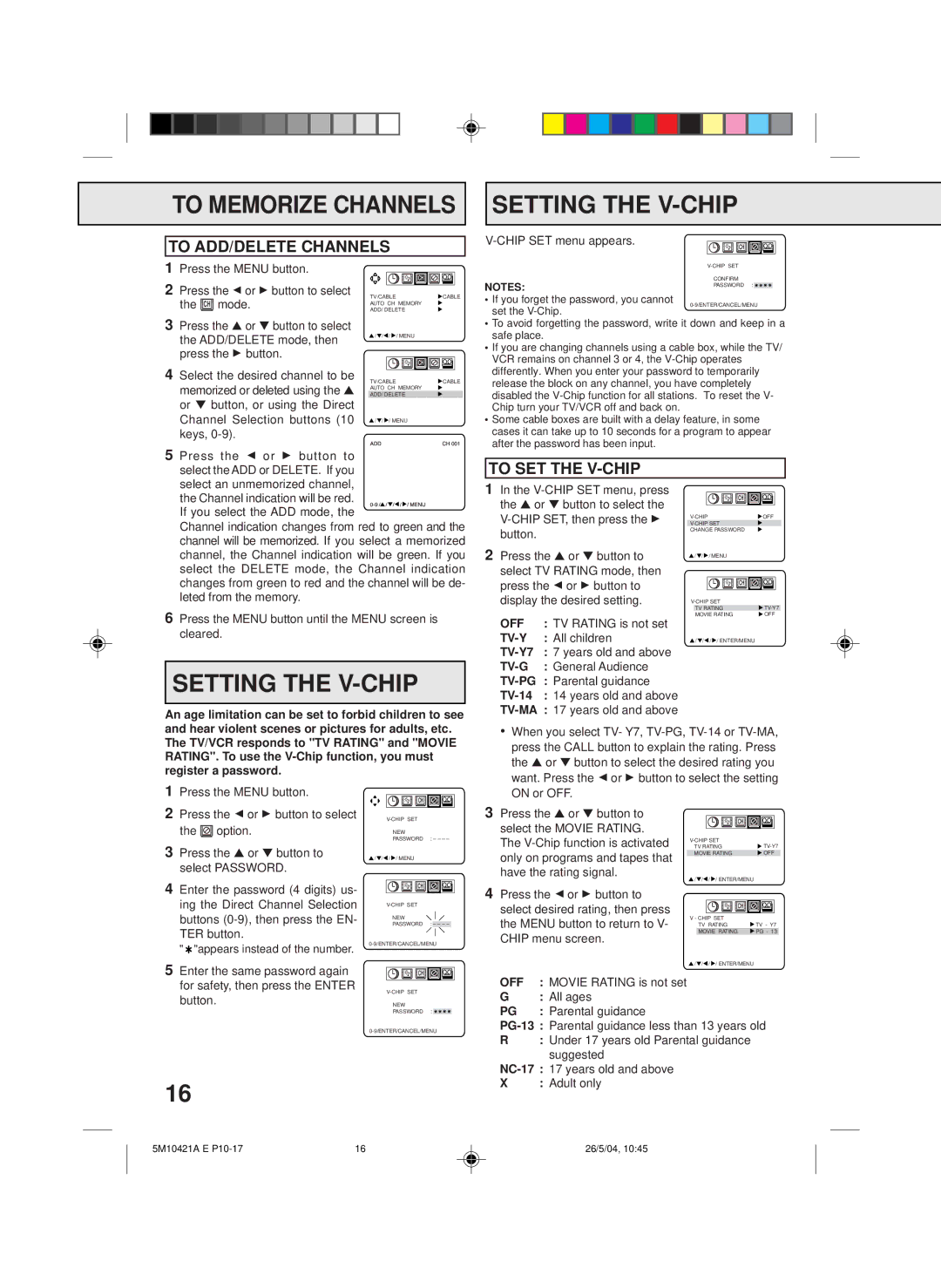 Memorex MVT2194 owner manual To Memorize Channels Setting the V-CHIP, To ADD/DELETE Channels, To SET the V-CHIP 