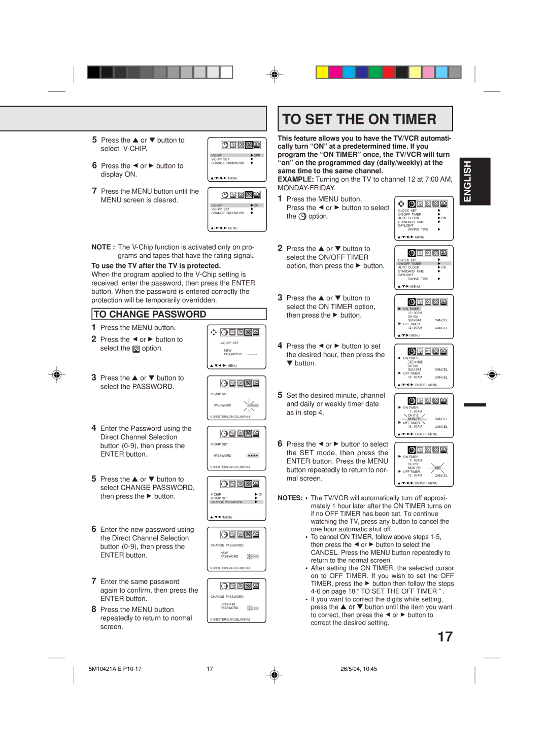 Memorex MVT2194 owner manual To SET the on Timer, To Change Password, Same time to the same channel 