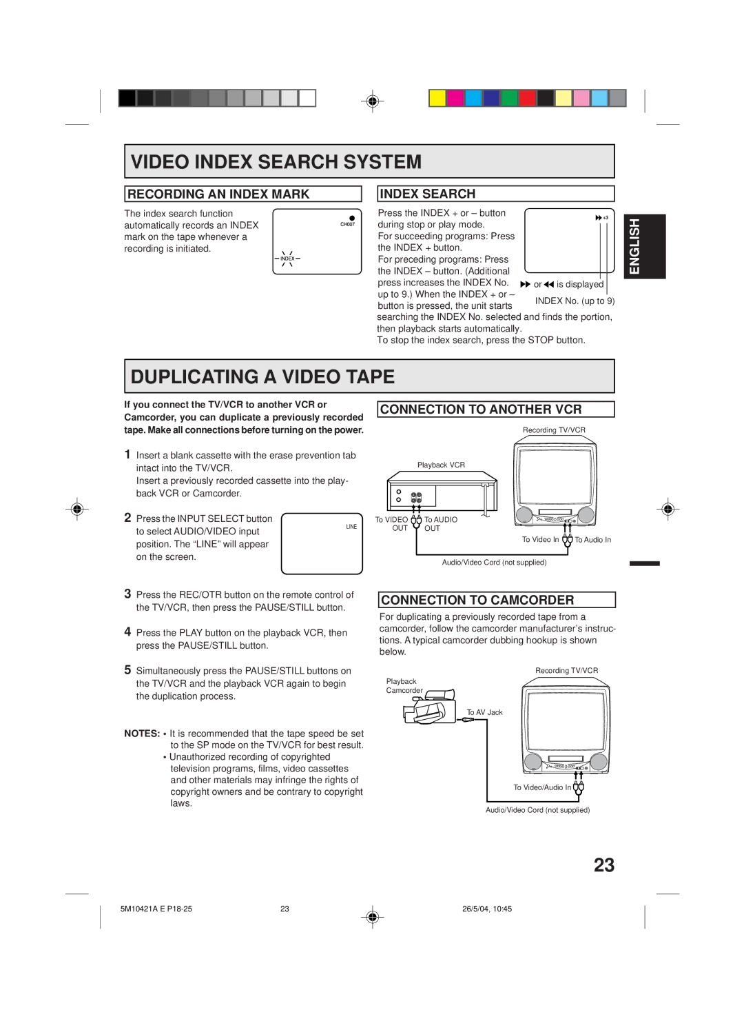 Memorex MVT2194 owner manual Video Index Search System, Duplicating a Video Tape, Recording AN Index Mark Index Search 