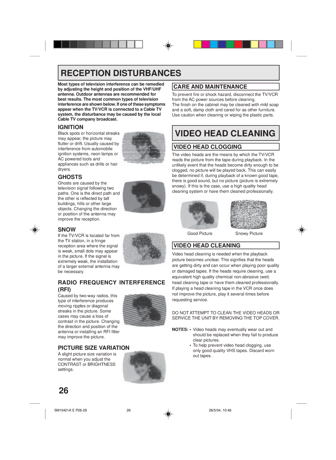 Memorex MVT2194 owner manual Reception Disturbances, Video Head Cleaning 