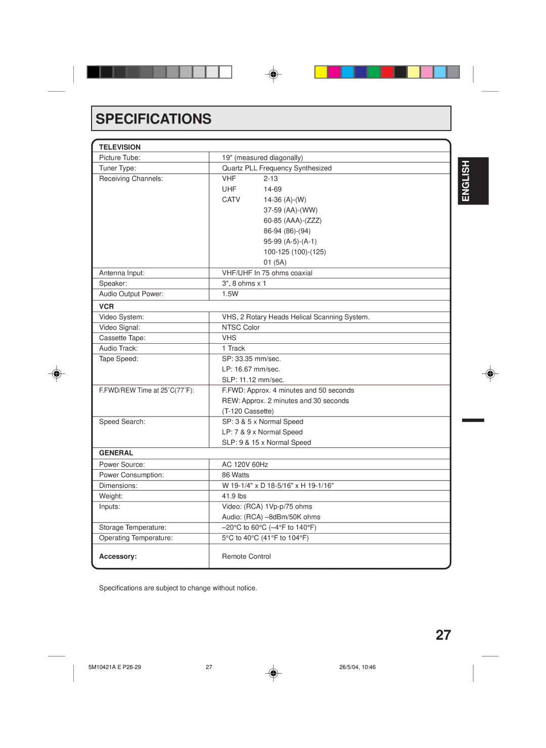 Memorex MVT2194 owner manual Specifications, Television, Vcr, General, Accessory 