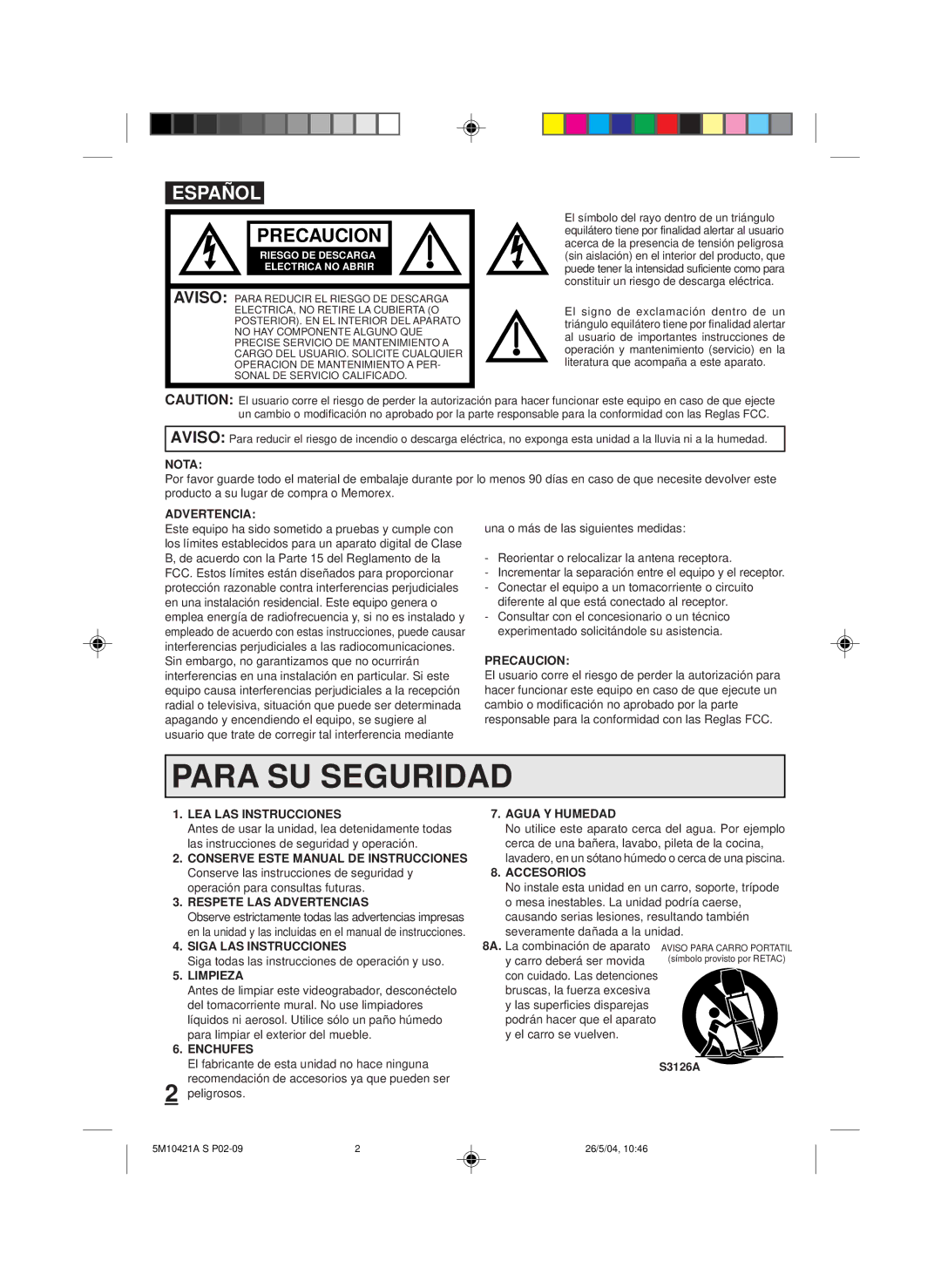 Memorex MVT2194 Nota, Precaucion, LEA LAS Instrucciones, Respete LAS Advertencias, Siga LAS Instrucciones, Limpieza 