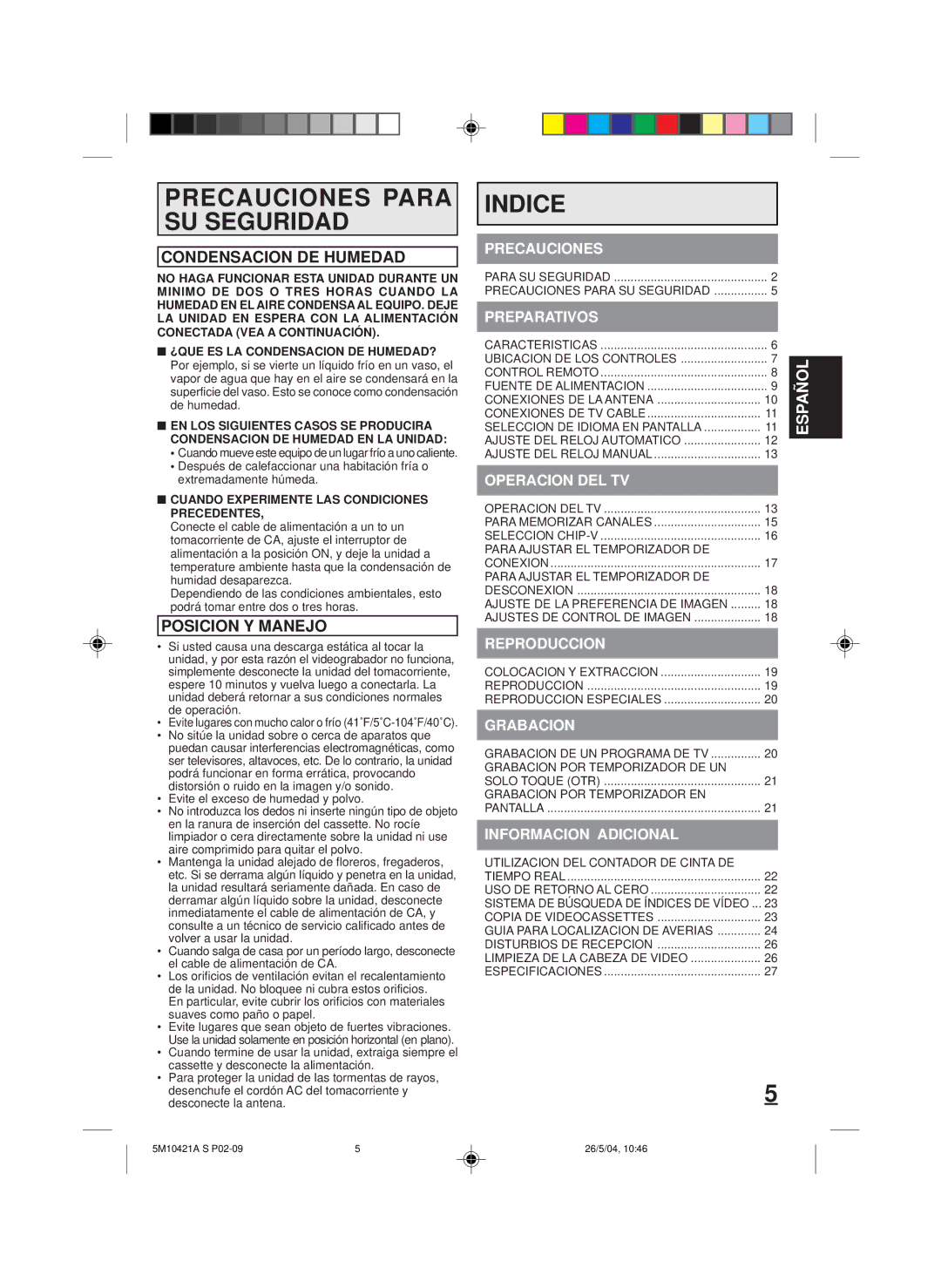 Memorex MVT2194 owner manual Precauciones Para SU Seguridad, Indice, Condensacion DE Humedad, Posicion Y Manejo 