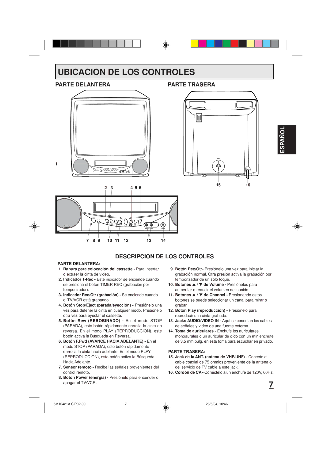 Memorex MVT2194 owner manual Ubicacion DE LOS Controles, Parte Delantera Parte Trasera, Descripcion DE LOS Controles 