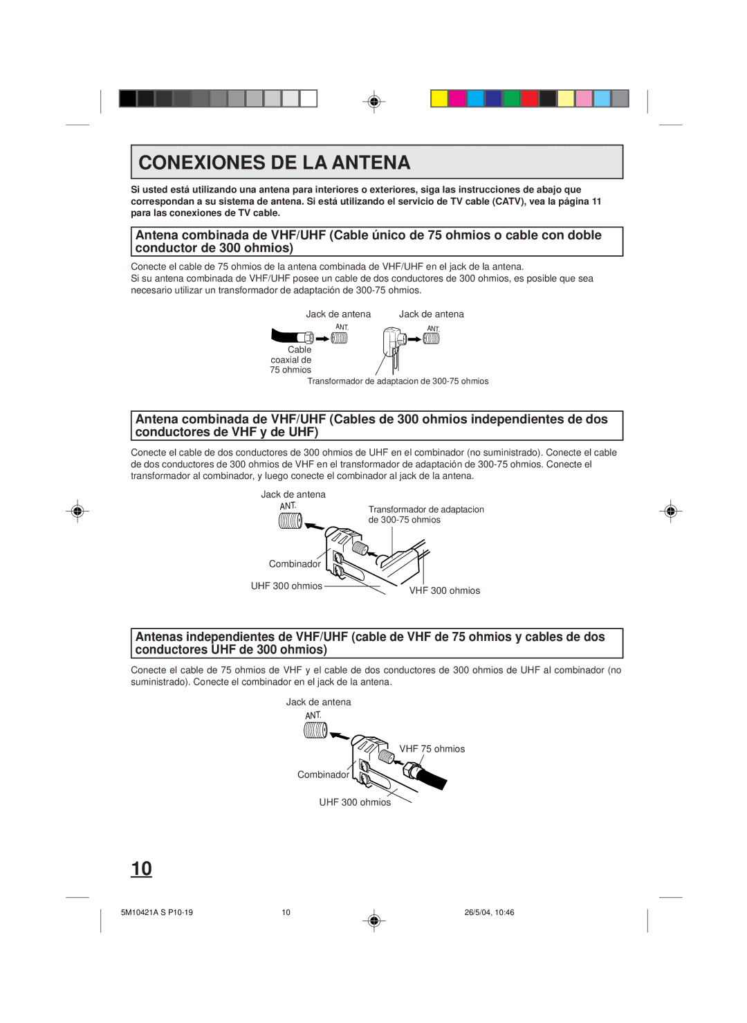 Memorex MVT2194 owner manual Conexiones DE LA Antena, VHF 75 ohmios Combinador UHF 300 ohmios 