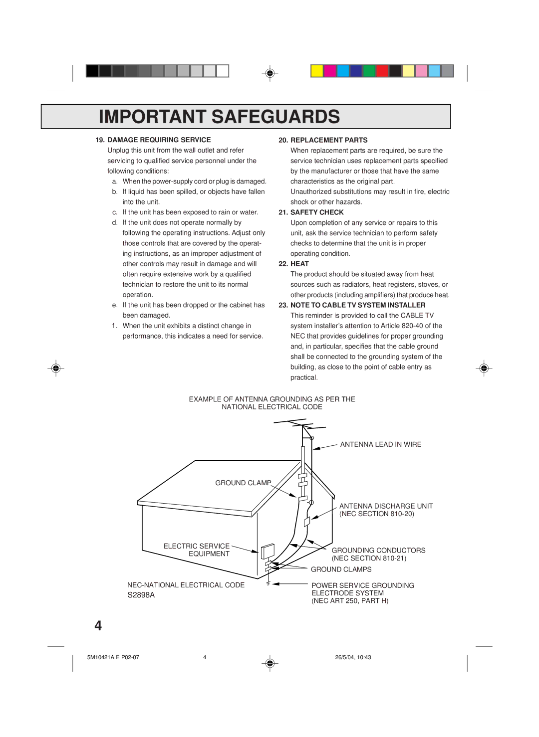 Memorex MVT2194 owner manual Damage Requiring Service, Replacement Parts, Safety Check, Heat, NEC Section 