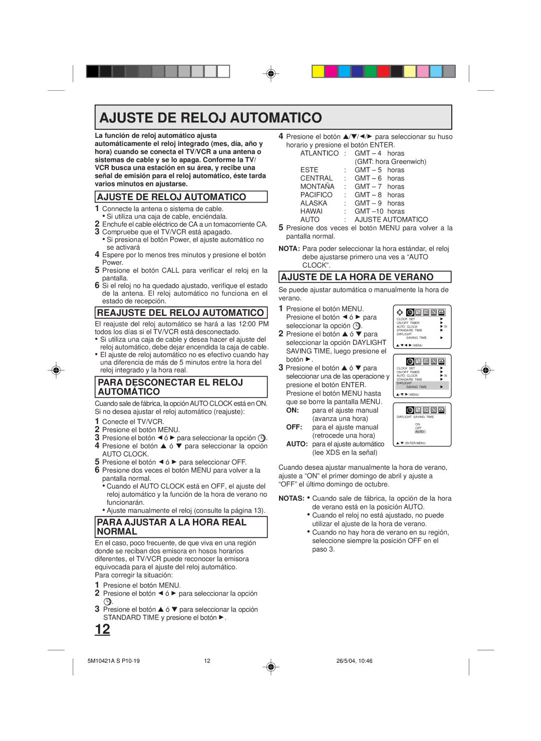 Memorex MVT2194 owner manual Ajuste DE Reloj Automatico 