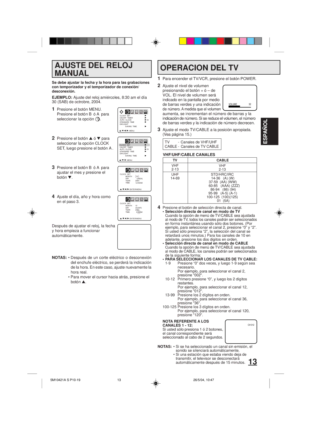 Memorex MVT2194 owner manual Ajuste DEL Reloj Manual, Operacion DEL TV, VHF/UHF/CABLE Canales 