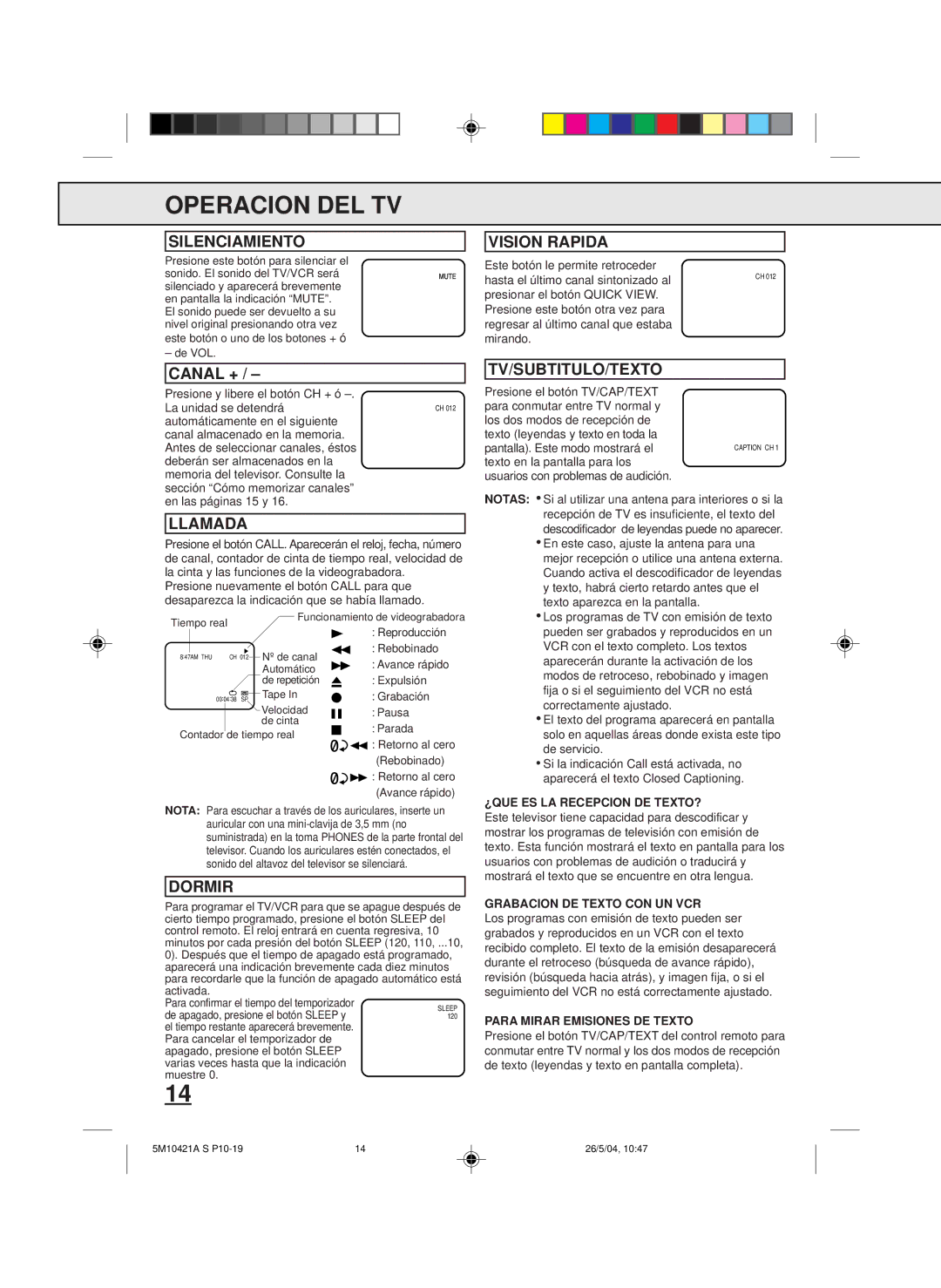 Memorex MVT2194 owner manual Silenciamiento Vision Rapida, Llamada, Dormir, Tv/Subtitulo/Texto 