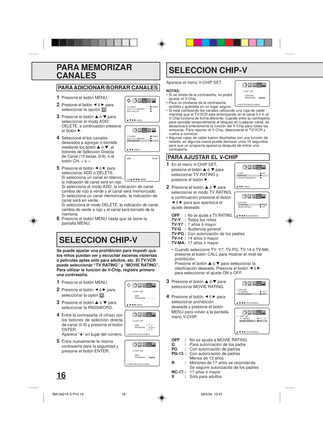 Memorex MVT2194 owner manual Seleccion CHIP-V, Para ADICIONAR/BORRAR Canales, Para Ajustar EL V-CHIP 