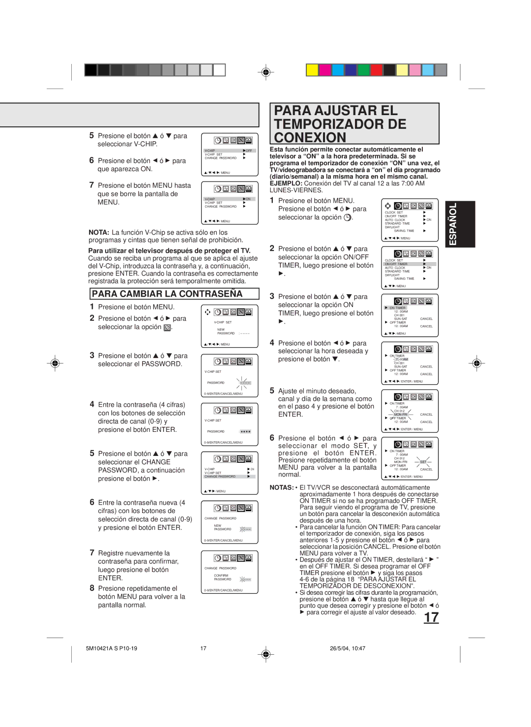 Memorex MVT2194 owner manual Para Ajustar EL Temporizador DE Conexion, Para Cambiar LA Contraseña 