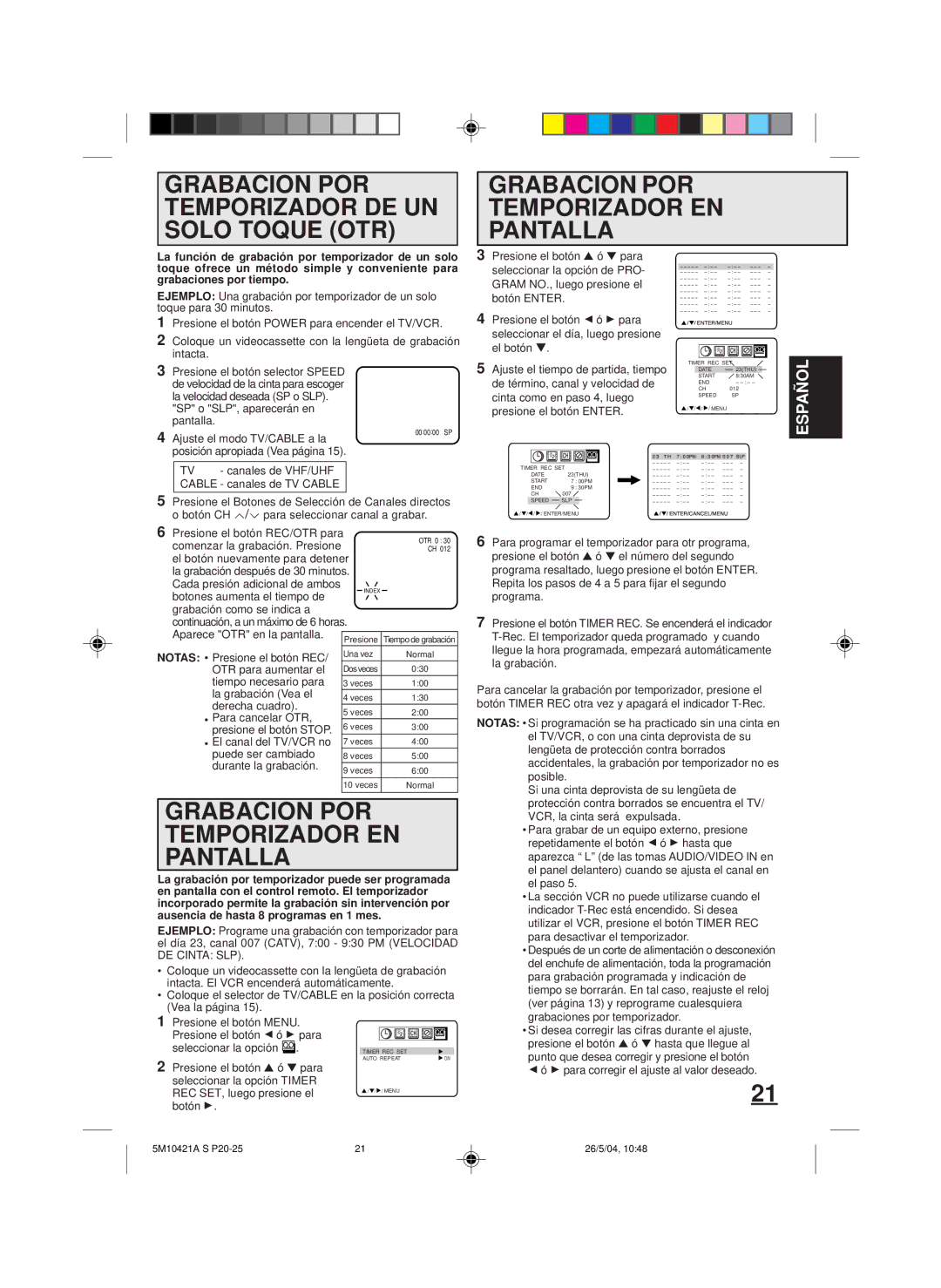 Memorex MVT2194 owner manual Grabacion POR Temporizador DE UN Solo Toque OTR, Grabacion POR Temporizador EN Pantalla 