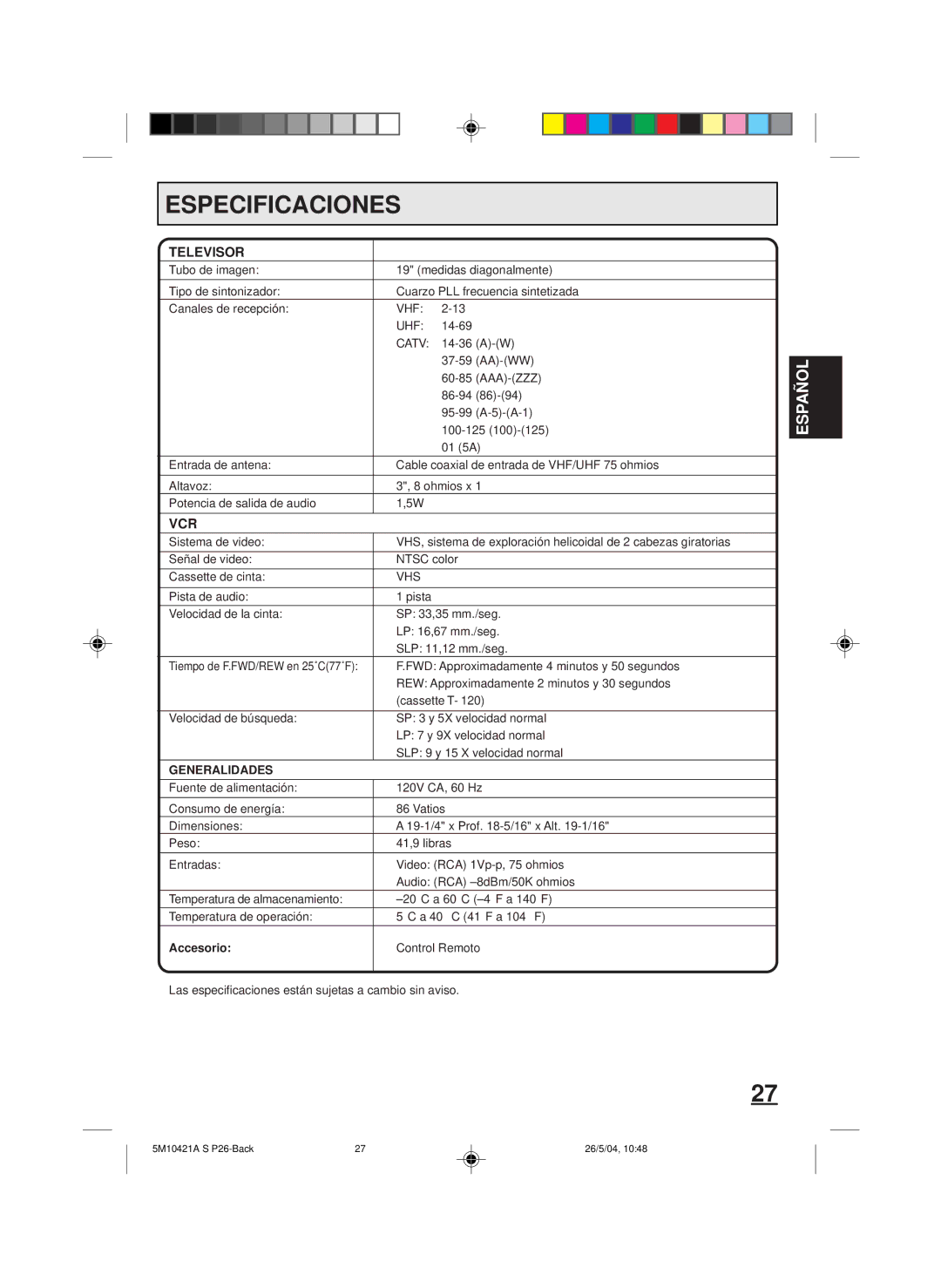 Memorex MVT2194 owner manual Especificaciones, Generalidades, Accesorio 