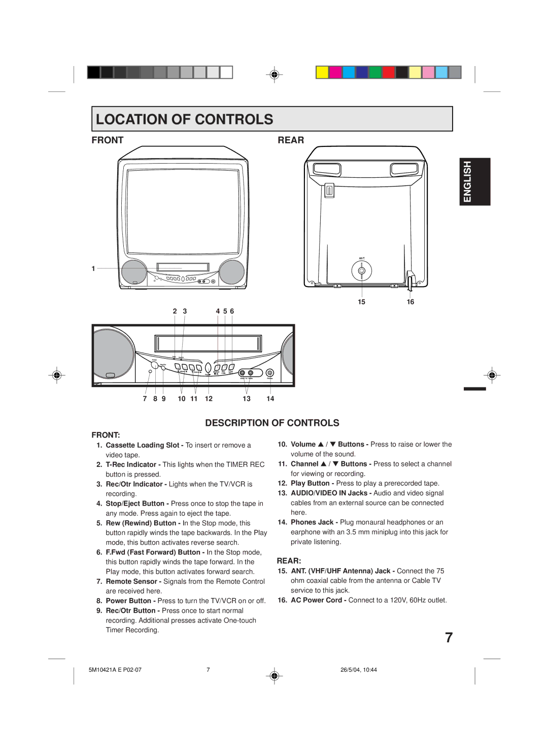 Memorex MVT2194 owner manual Location of Controls, Front Rear, Description of Controls 